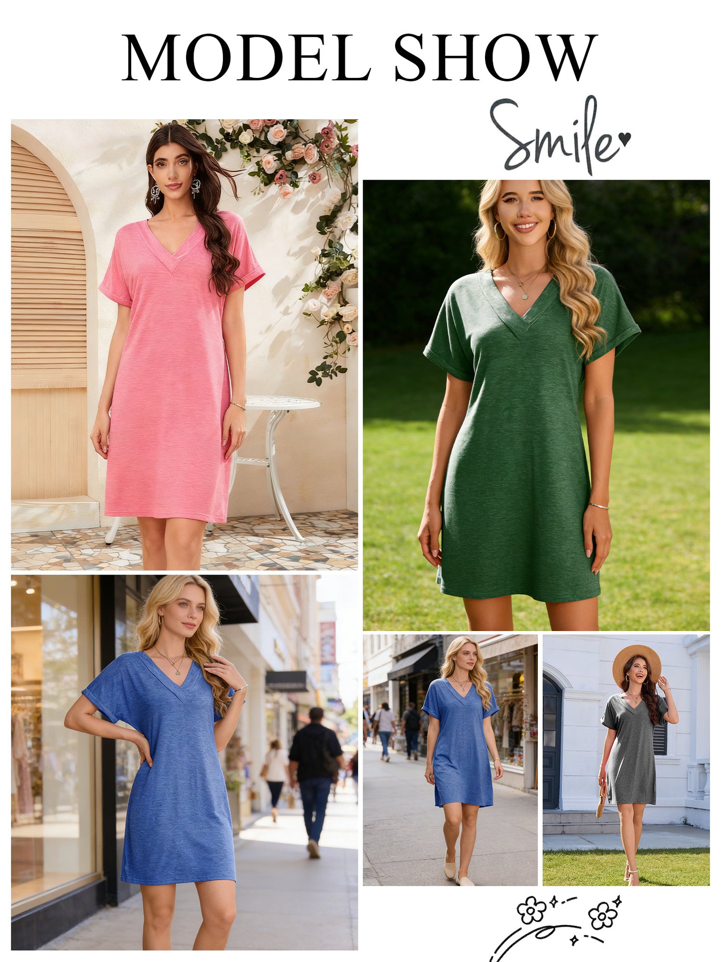 Dress for Women Summer V Neck Short Sleeve Casual T-shirt Mini Dresses