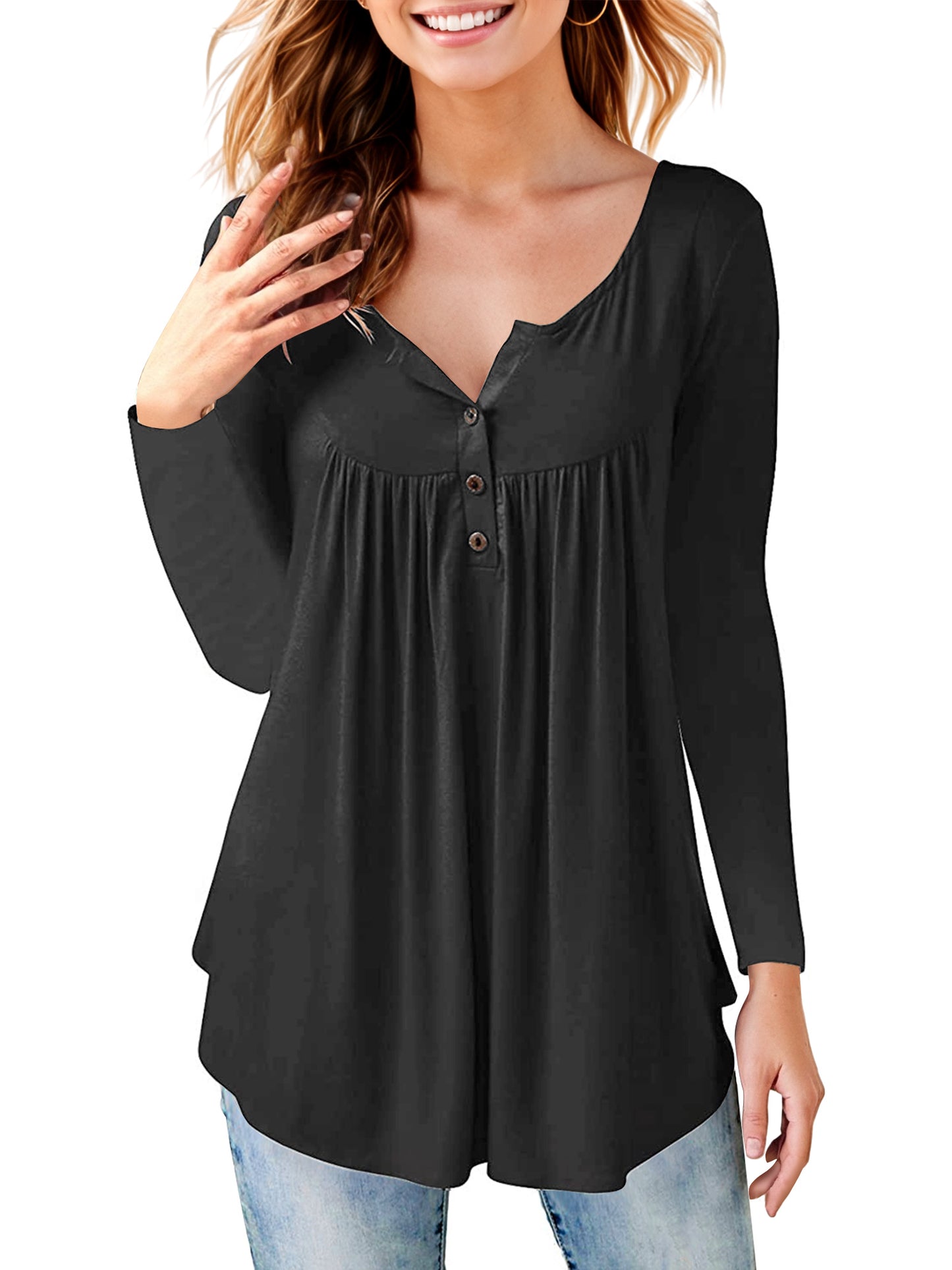 Women's Long Sleeve Henley Shirt Casual Button Up Tunic Tops
