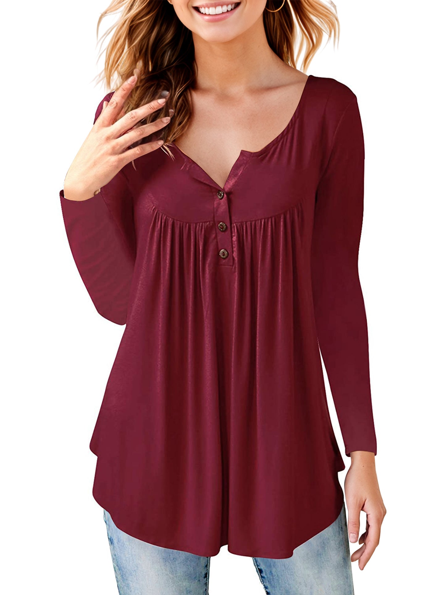 Women's Long Sleeve Henley Shirt Casual Button Up Tunic Tops