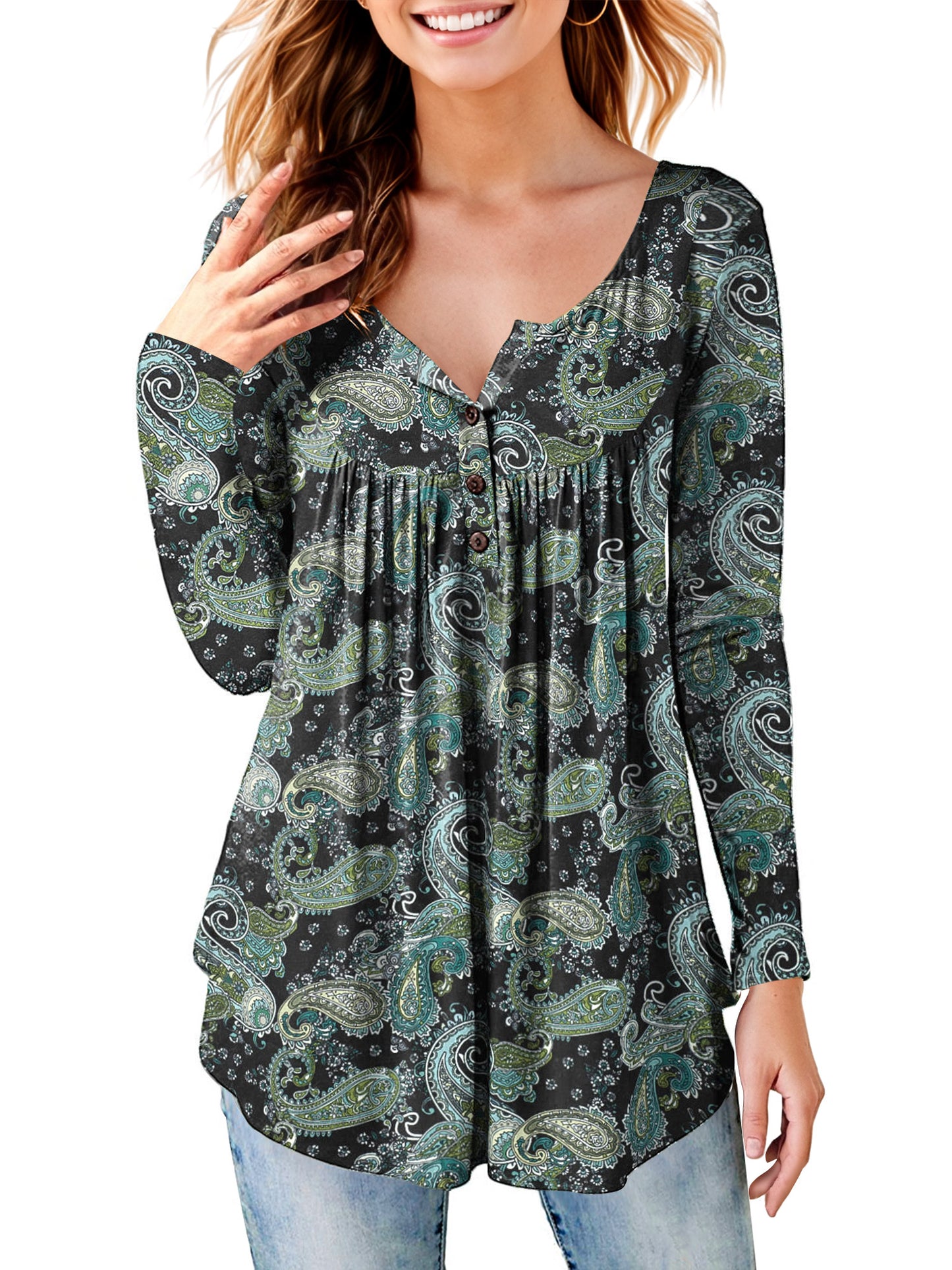Women's Long Sleeve Henley Shirt Casual Button Up Tunic Tops
