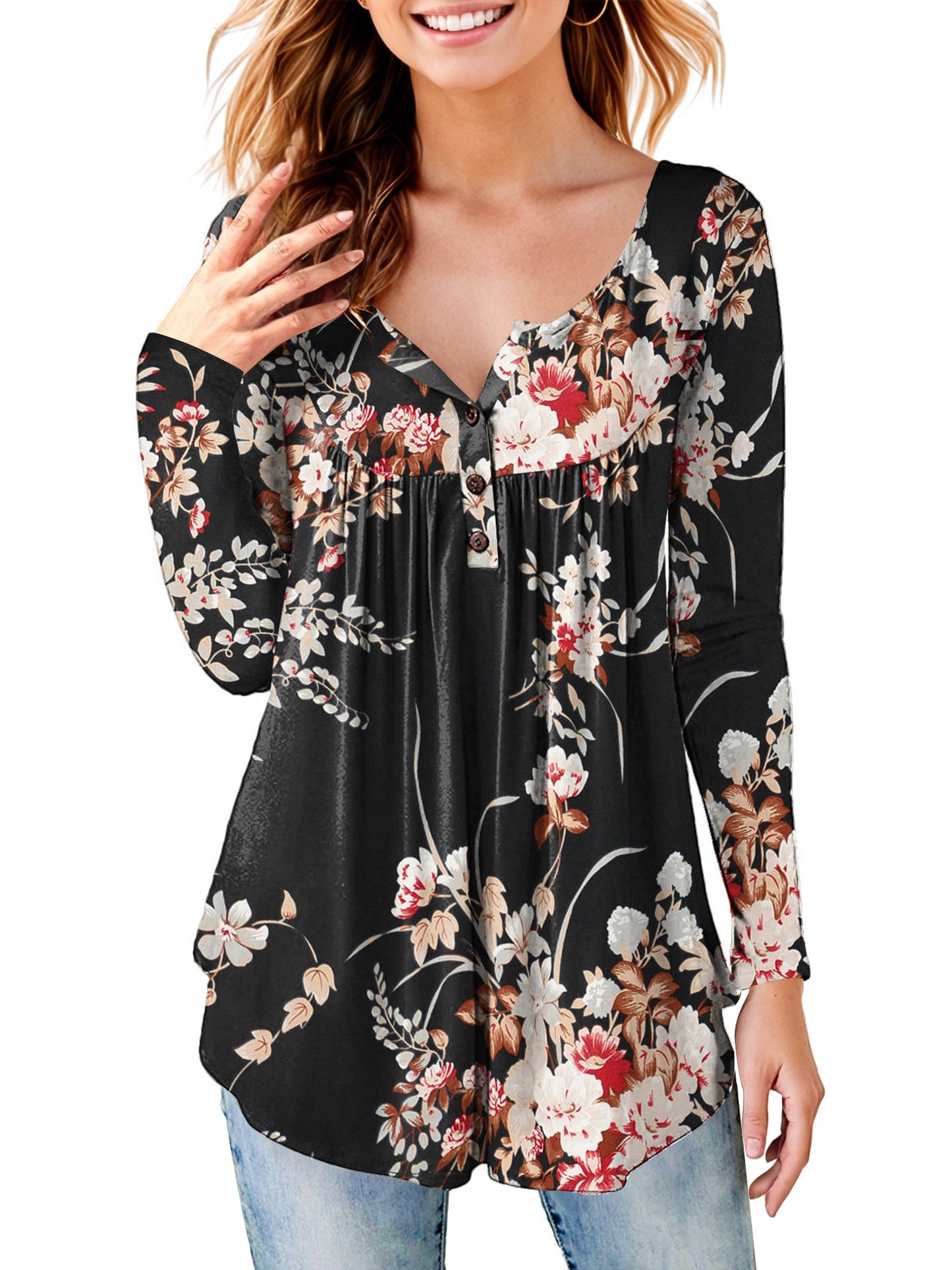 Women's Long Sleeve Henley Shirt Casual Button Up Tunic Tops