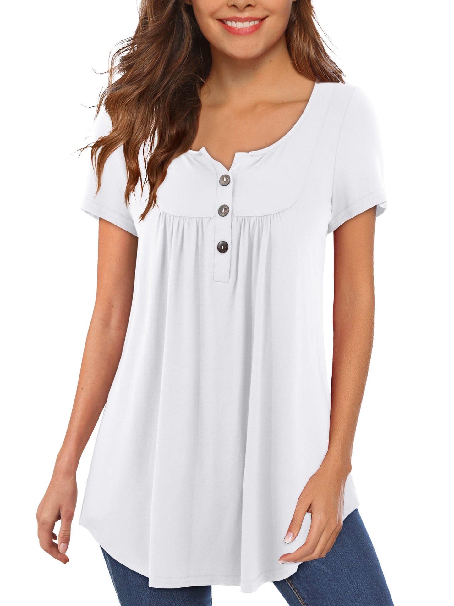 Women T Shirts Short Sleeve Round Neck Button Up Tunic Tops
