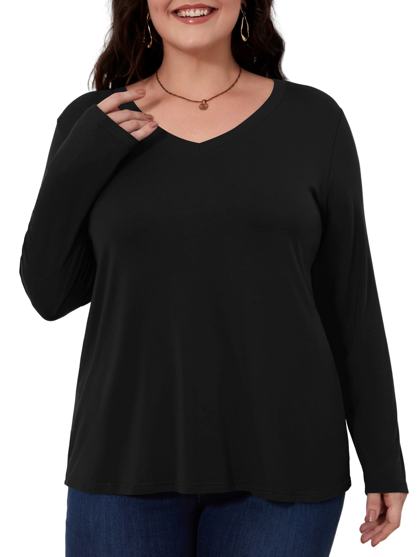 Fancyglim Womens Plus Size Long Sleeve Tops Basic V Neck T Shirts