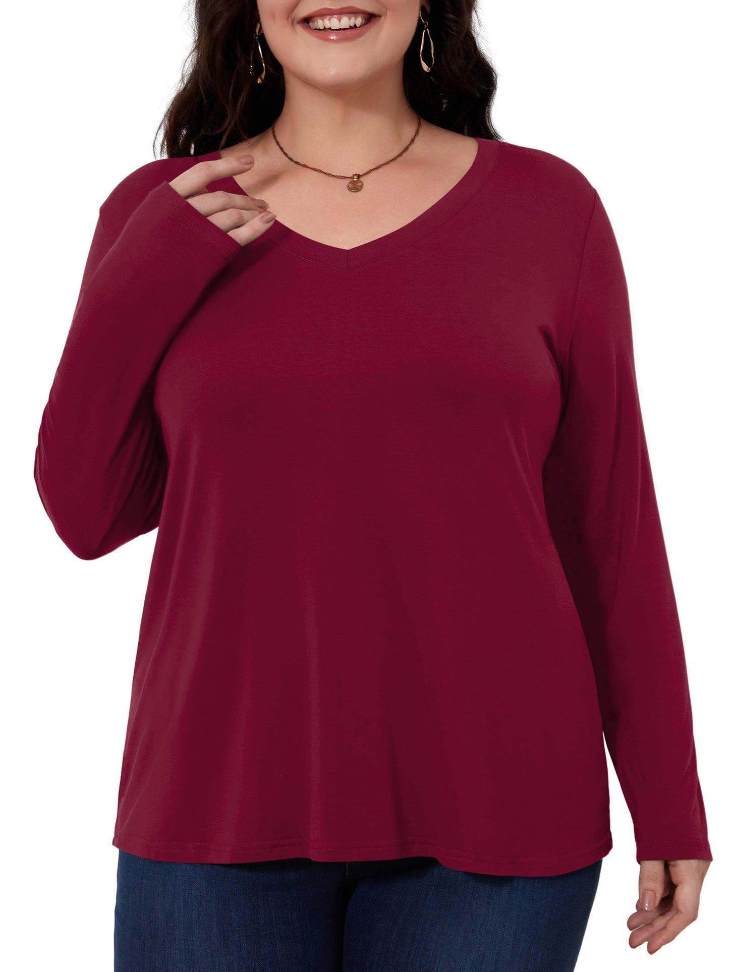 Fancyglim Womens Plus Size Long Sleeve Tops Basic V Neck T Shirts