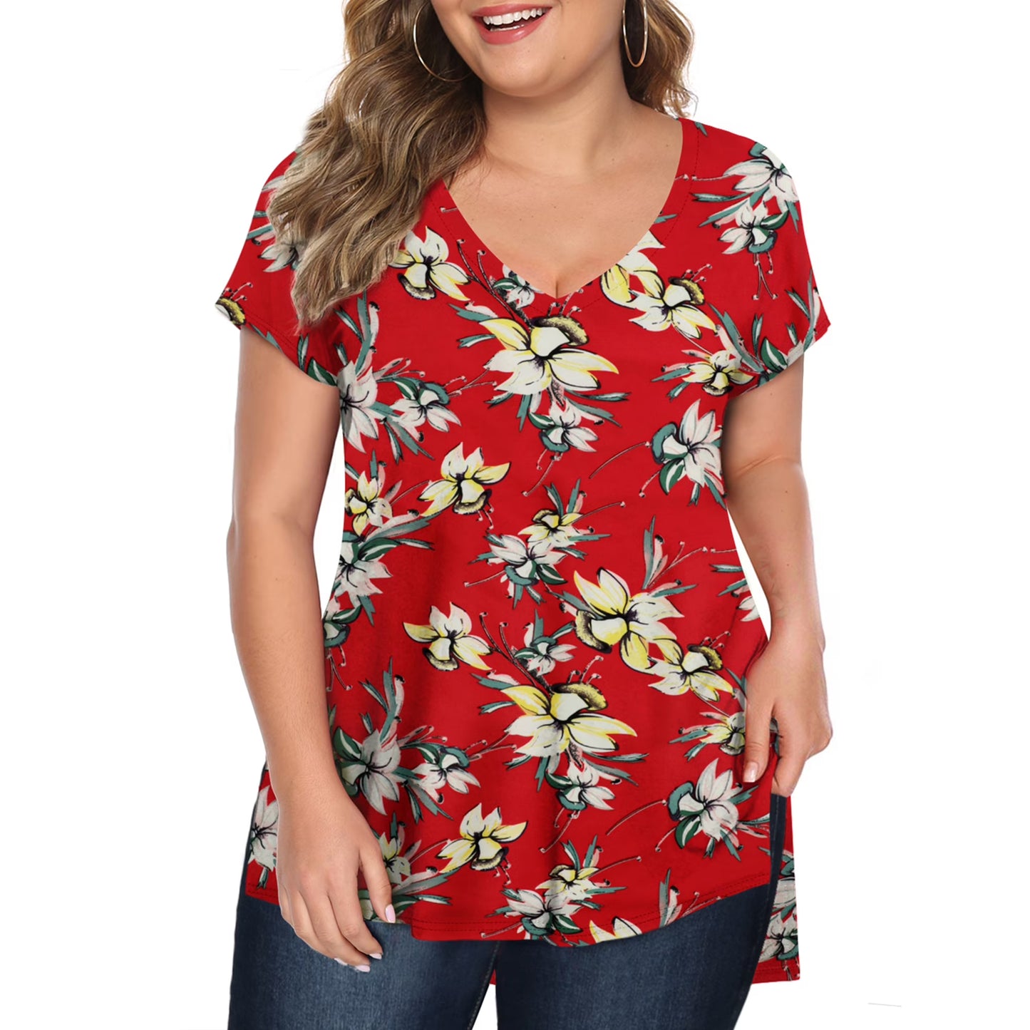 Fancyglim Womens Plus Size Tops V Neck Short Sleeve High Low Shirts 4319U1
