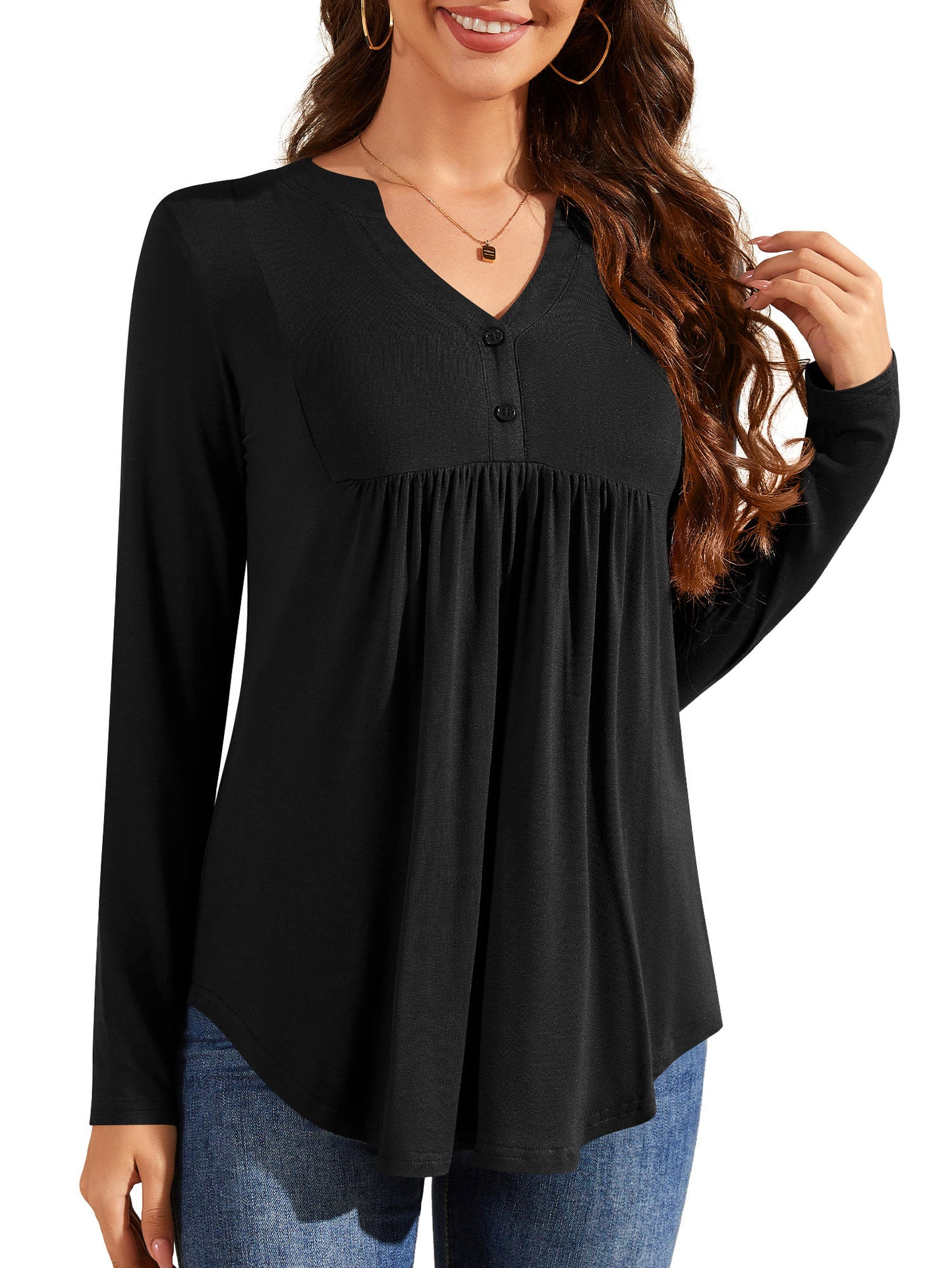Plus Size Tunic Tops for Women Long Sleeve Henley Shirt V Neck Casual Pleated Blouse