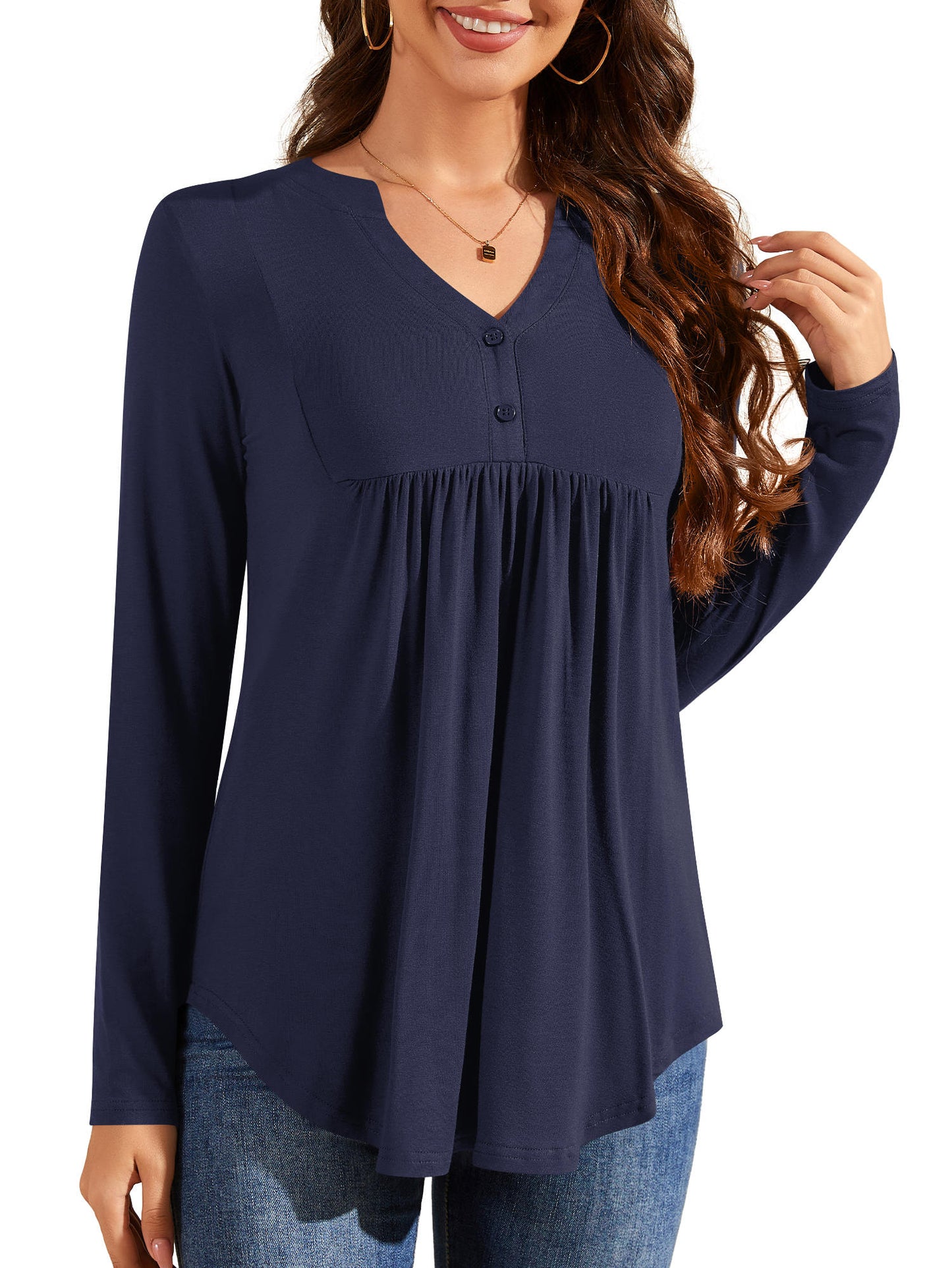 Plus Size Tunic Tops for Women Long Sleeve Henley Shirt V Neck Casual Pleated Blouse