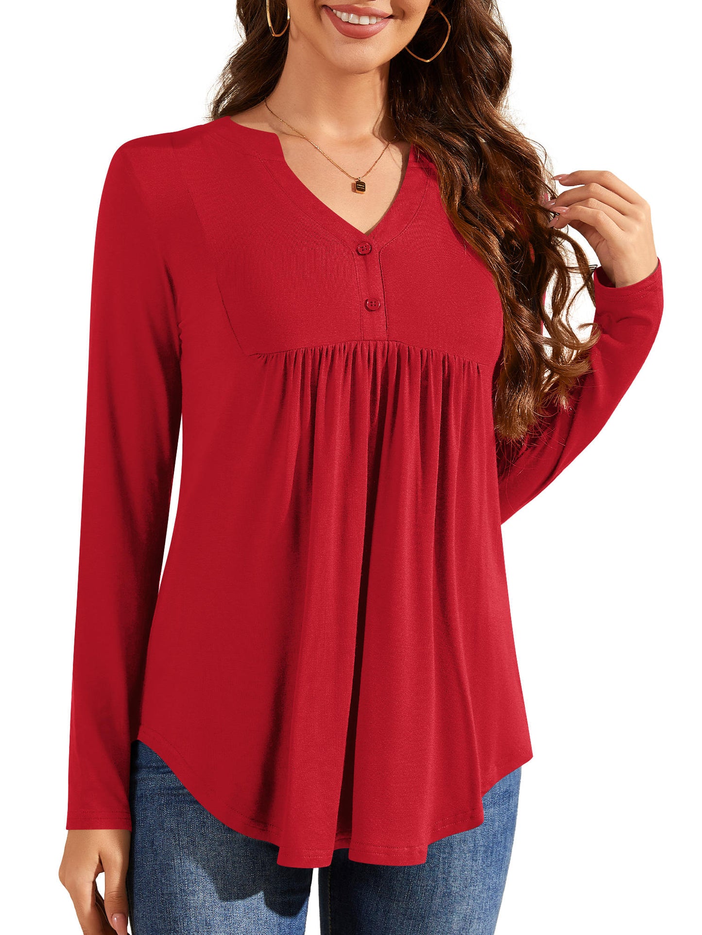Plus Size Tunic Tops for Women Long Sleeve Henley Shirt V Neck Casual Pleated Blouse