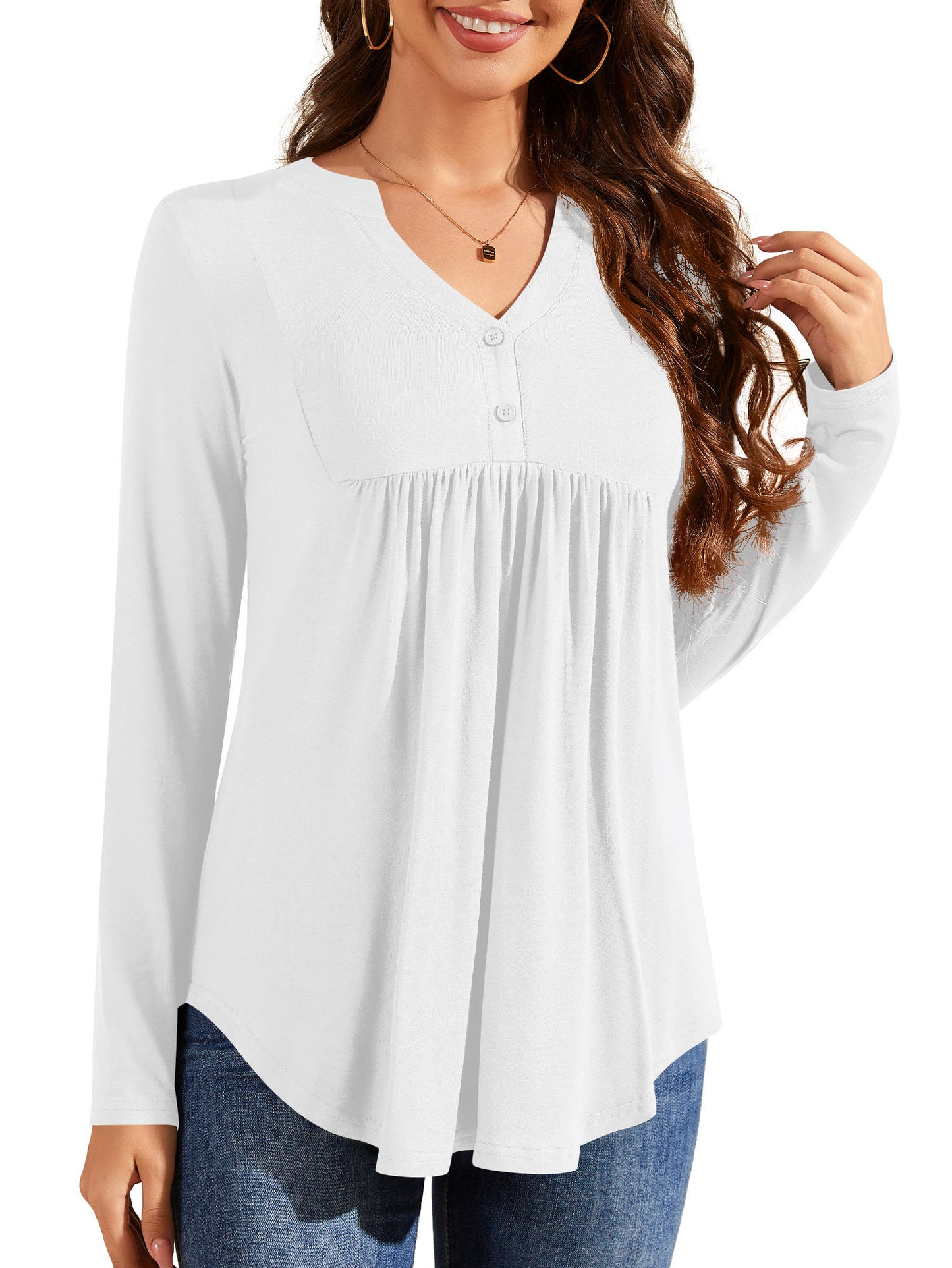 Plus Size Tunic Tops for Women Long Sleeve Henley Shirt V Neck Casual Pleated Blouse