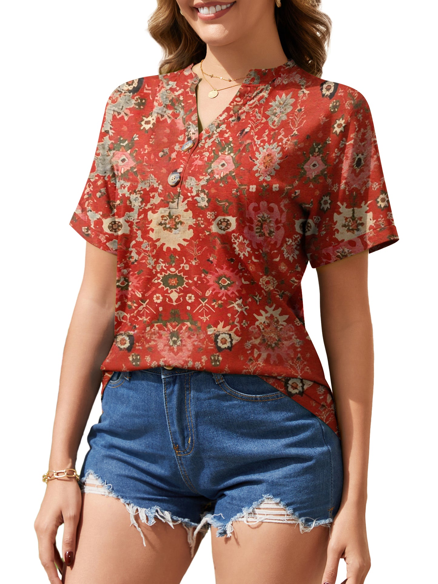 Women V Neck Short Sleeve Floral Print Button Trendy Shirts