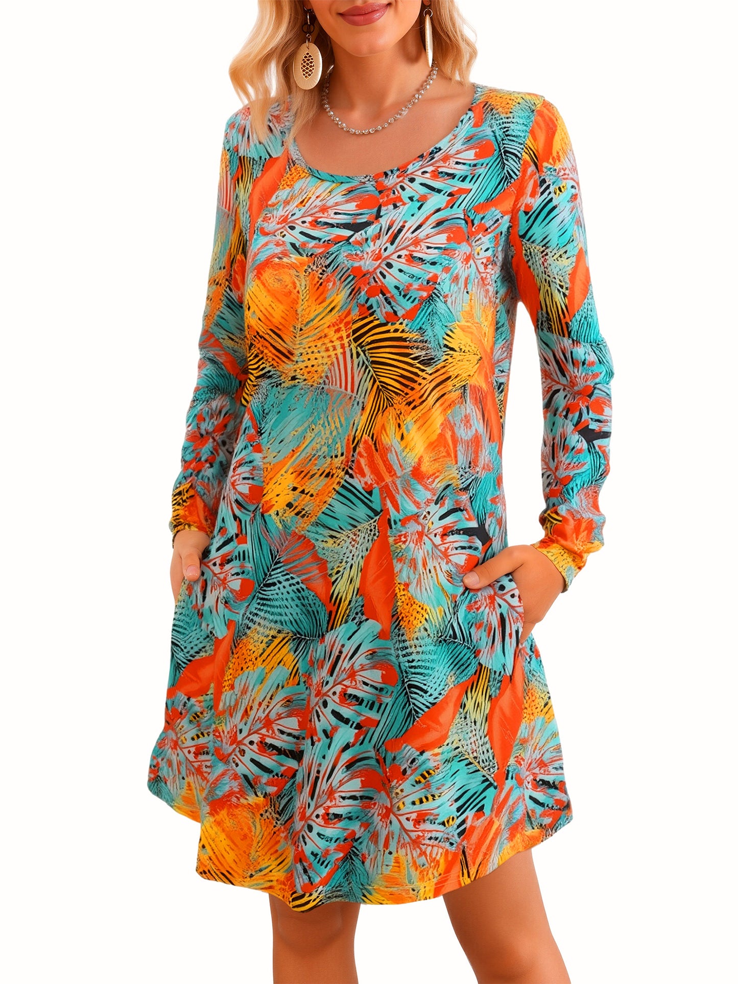 Fancyglim Women Crew Neck Dresses Casual T-Shirt Long Sleeve Dress with Pockets