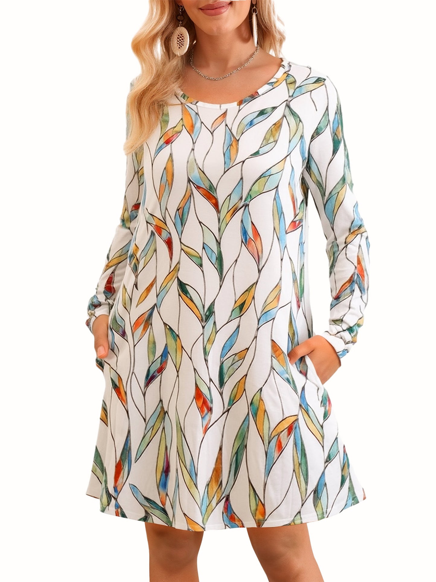 Fancyglim Women Crew Neck Dresses Casual T-Shirt Long Sleeve Dress with Pockets