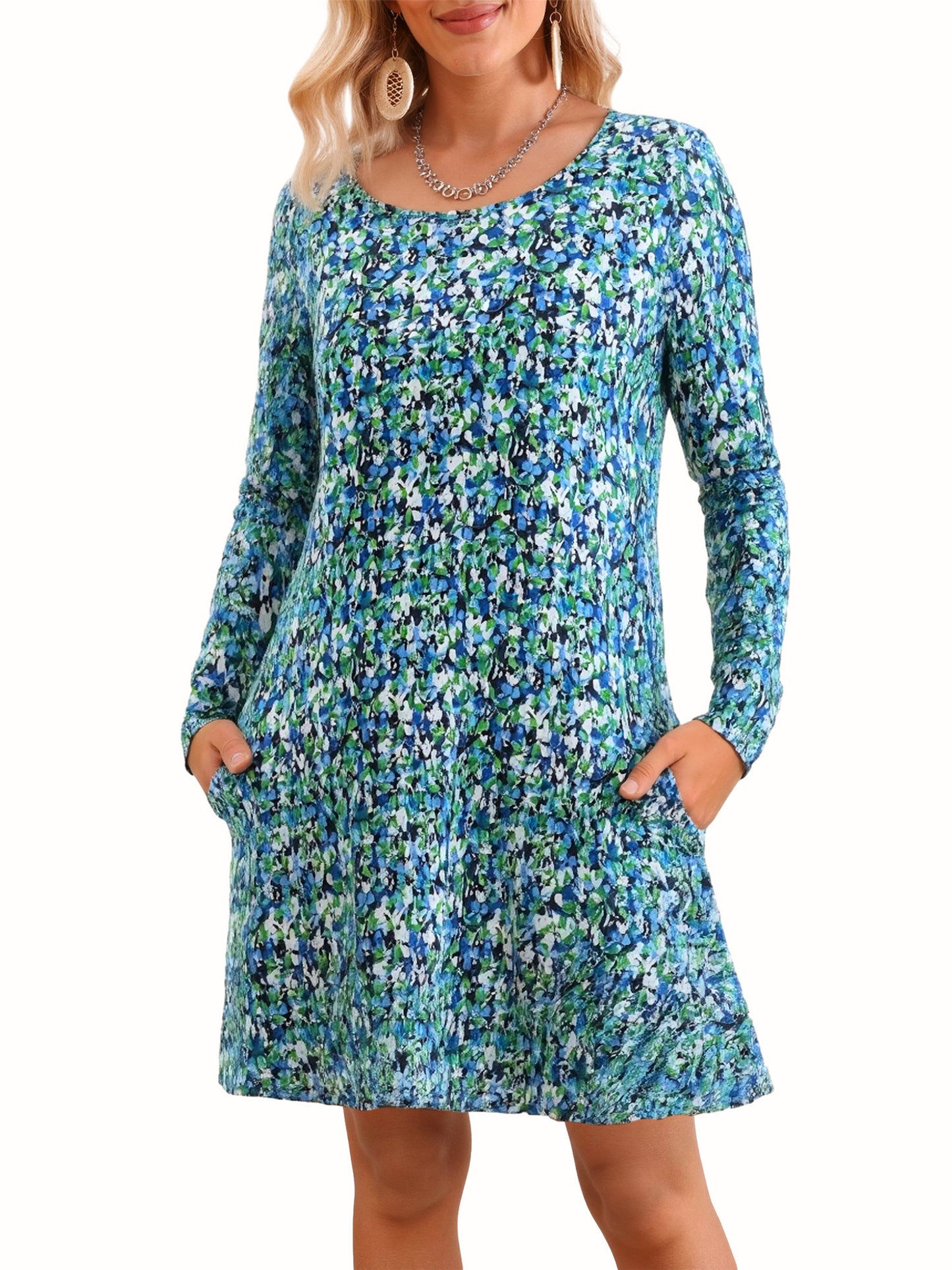 Fancyglim Women Crew Neck Dresses Casual T-Shirt Long Sleeve Dress with Pockets