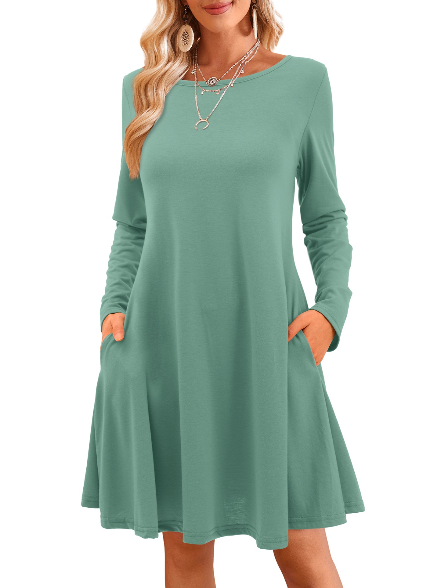 Fancyglim Women Crew Neck Dresses Casual T-Shirt Long Sleeve Dress with Pockets
