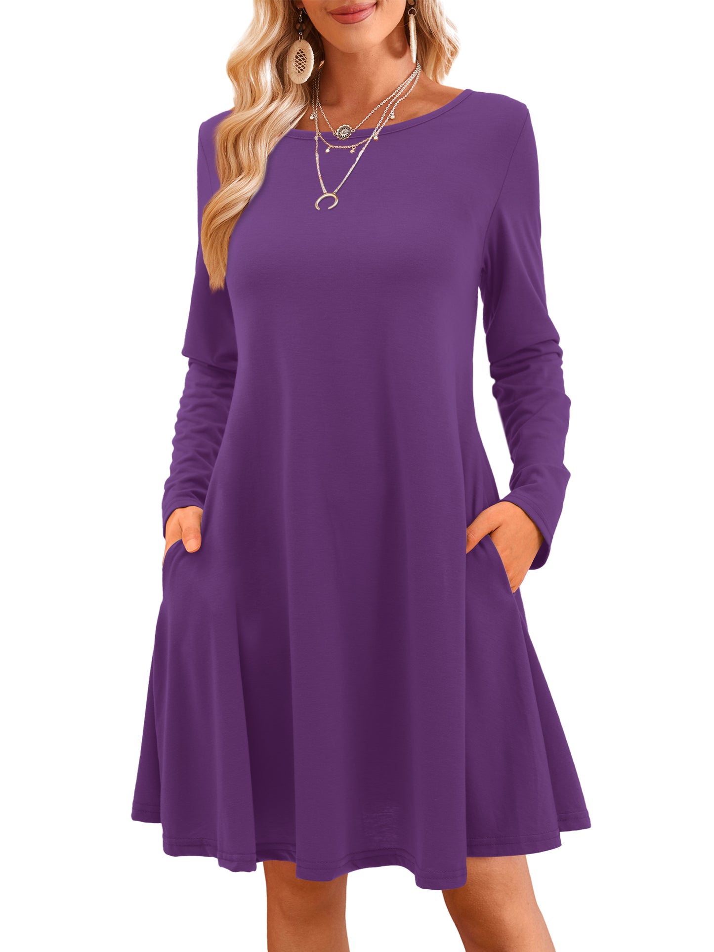 Fancyglim Women Crew Neck Dresses Casual T-Shirt Long Sleeve Dress with Pockets