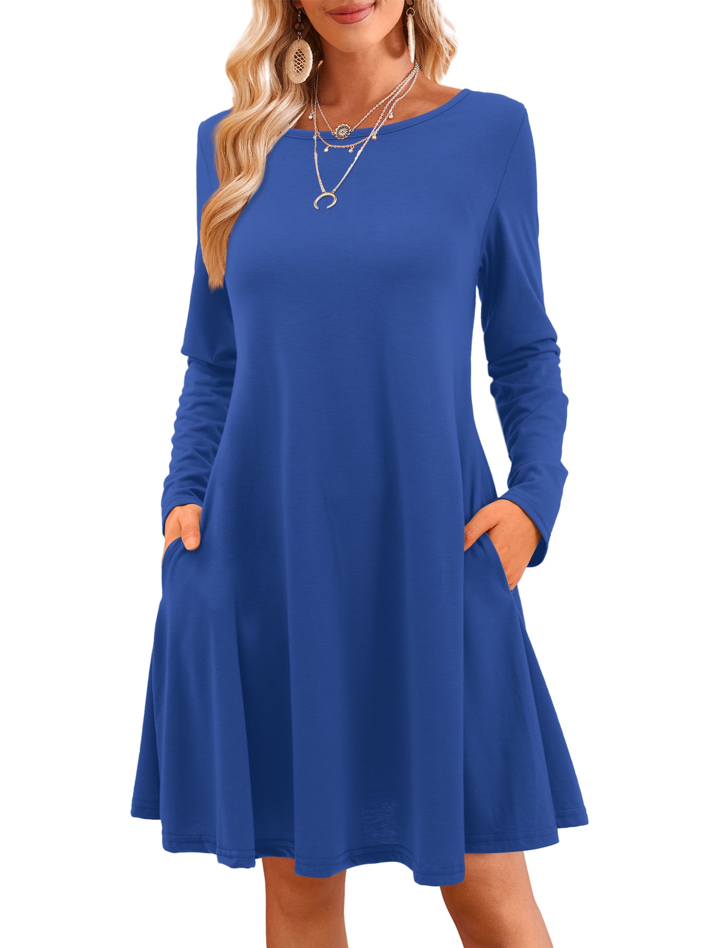 Fancyglim Women Crew Neck Dresses Casual T-Shirt Long Sleeve Dress with Pockets