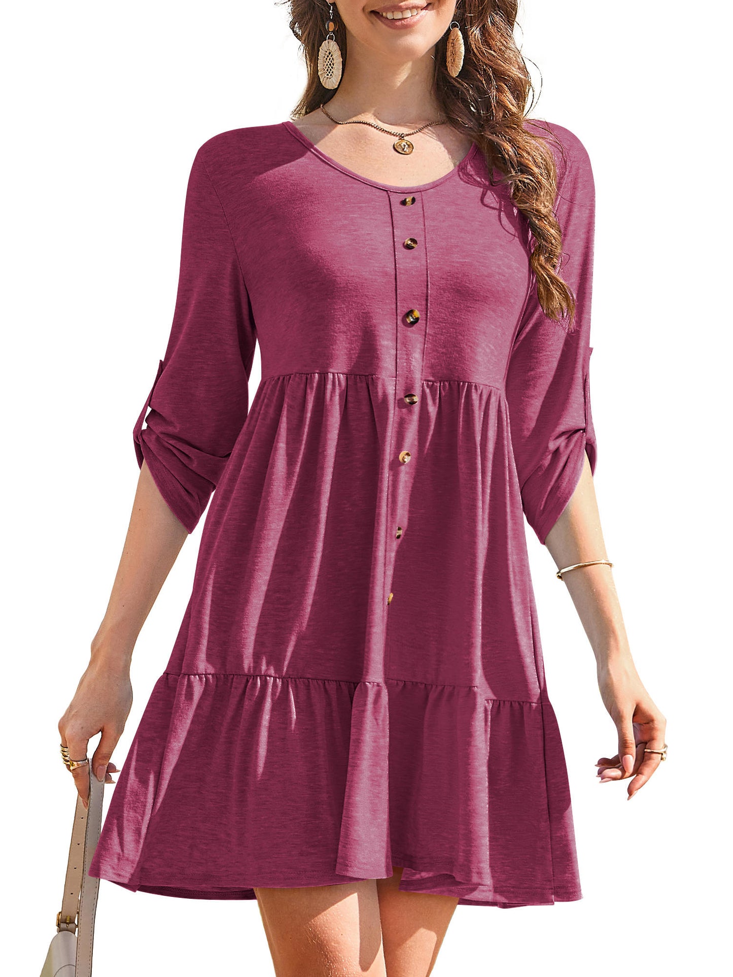 Women V Neck Long Sleeve Button Tiered Aline Short Dress
