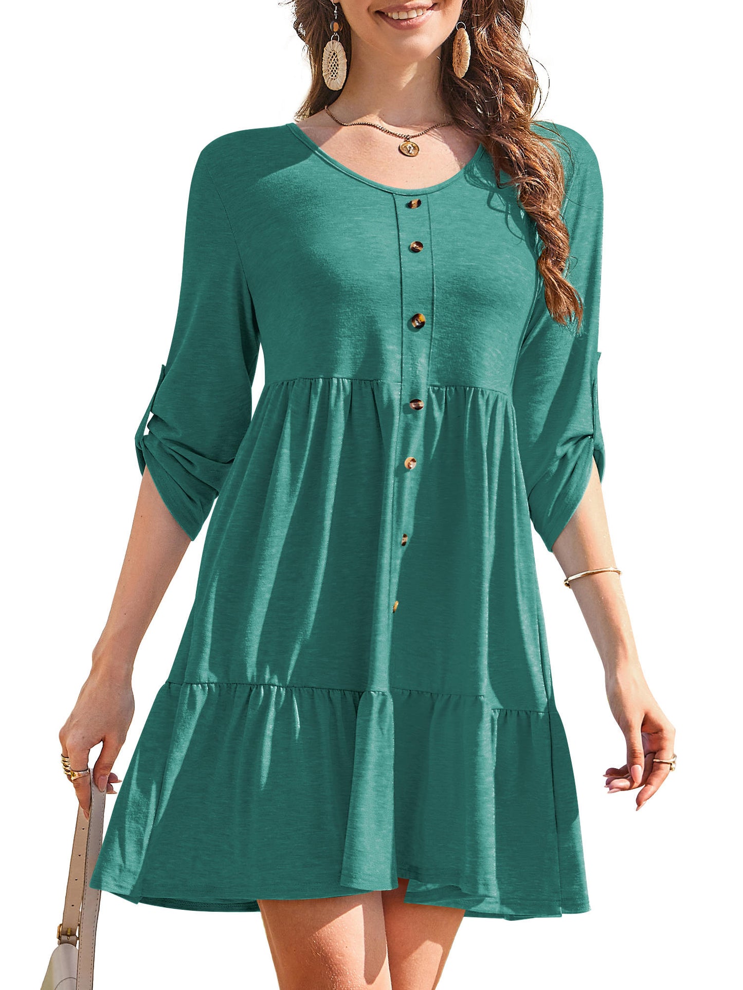 Women V Neck Long Sleeve Button Tiered Aline Short Dress