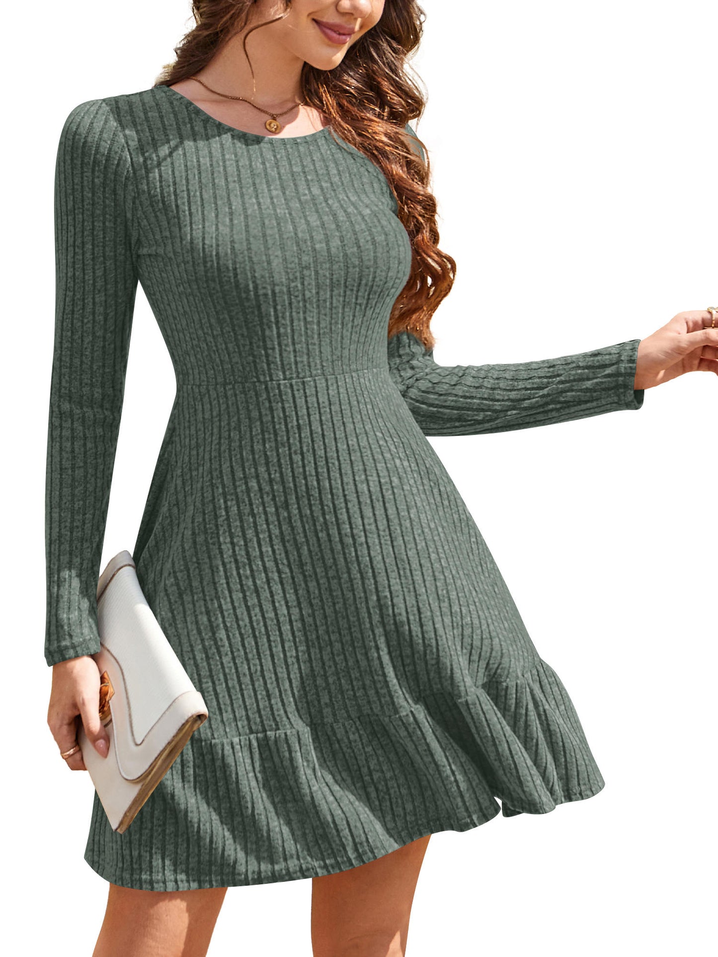 Sweater Dresses for Women Casual Crew Neck Long Sleeve Ruffle Tiered Swing Aline Dress