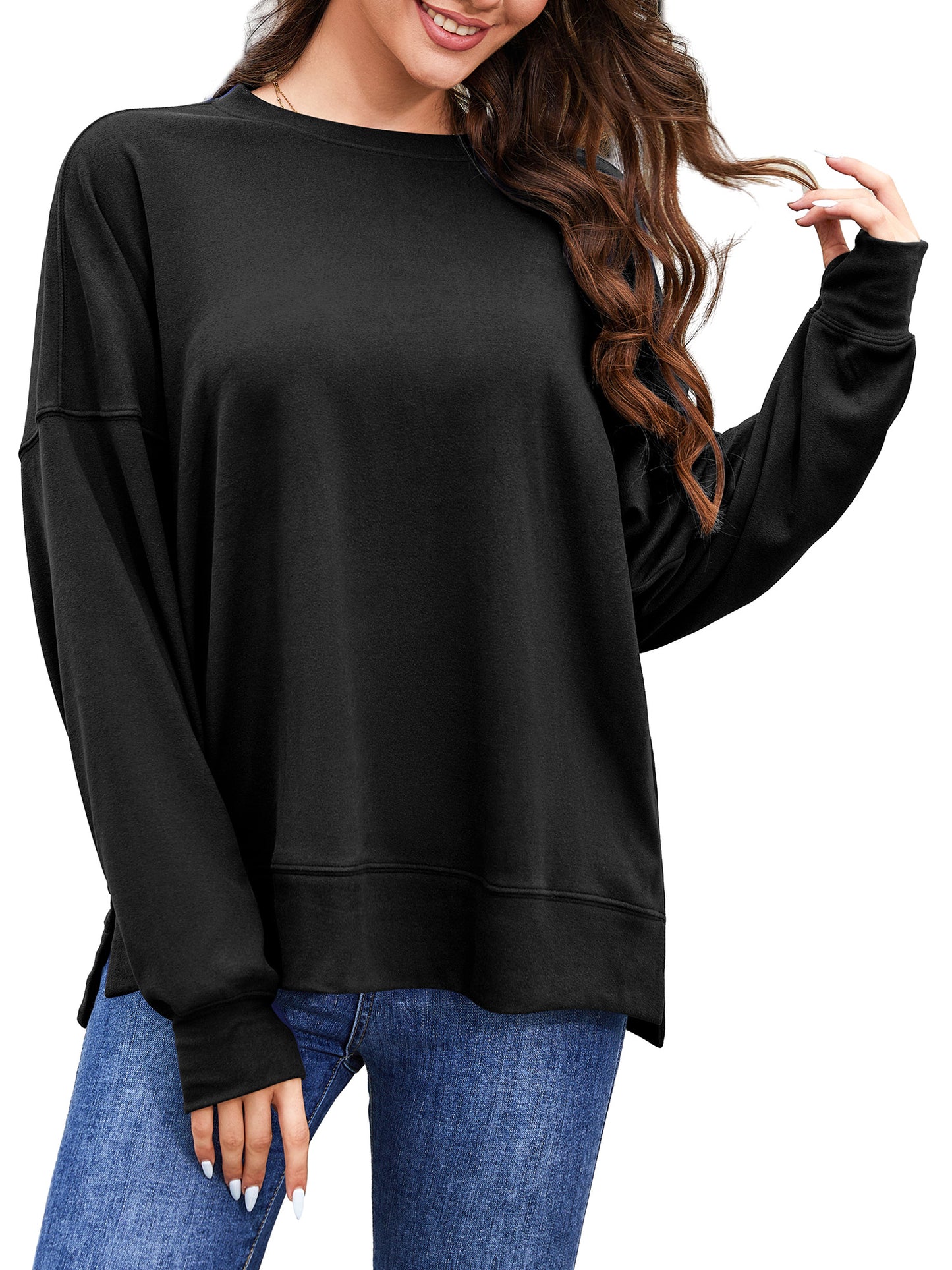 Sweatshirts for Women Plus Size Crew Neck Tunic Tops Long Sleeve Oversized Shirts Fleece Pullover with Pockets Thumb Holes