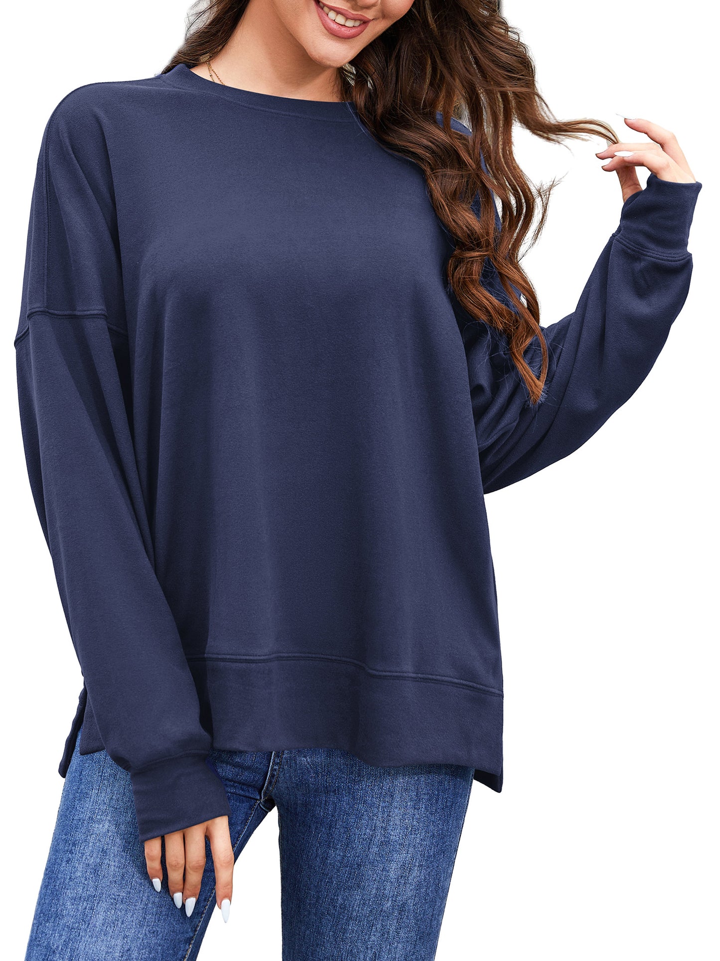 Sweatshirts for Women Plus Size Crew Neck Tunic Tops Long Sleeve Oversized Shirts Fleece Pullover with Pockets Thumb Holes
