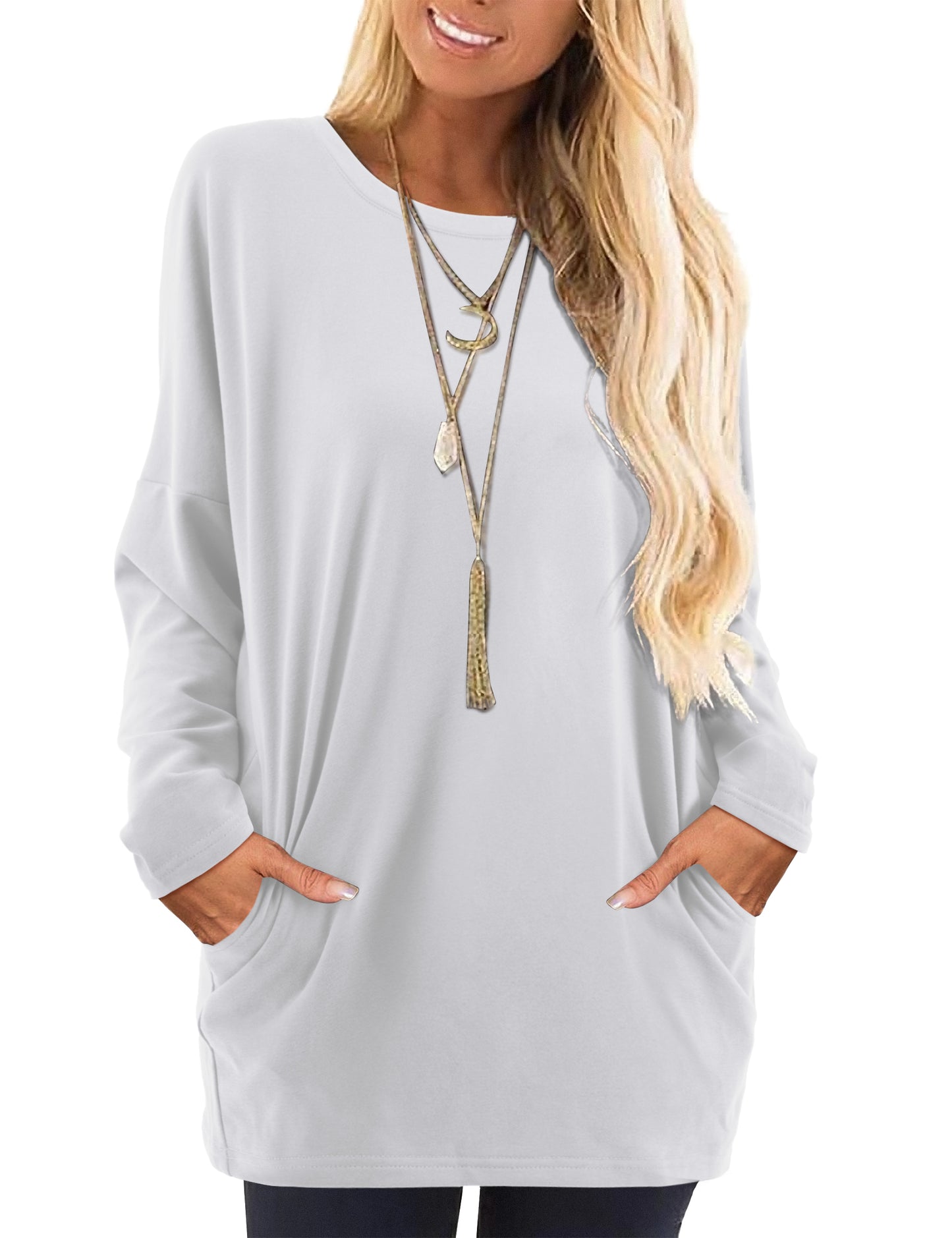Womens Shirts Crew Neck Long Sleeve Sweatshirt Tunic Tops with Pockets