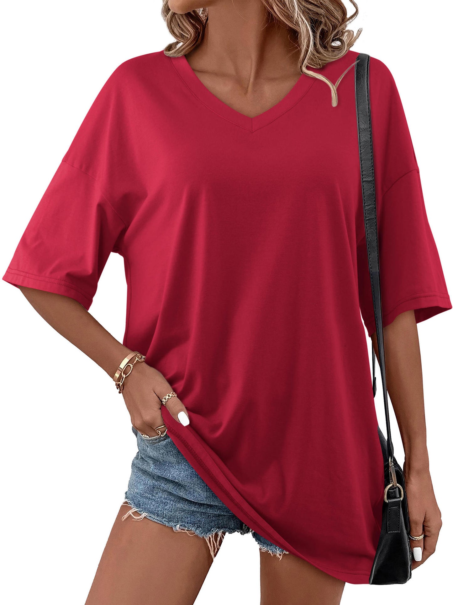 Women Oversized Tunic Short Sleeve V Neck Casual T-Shirts