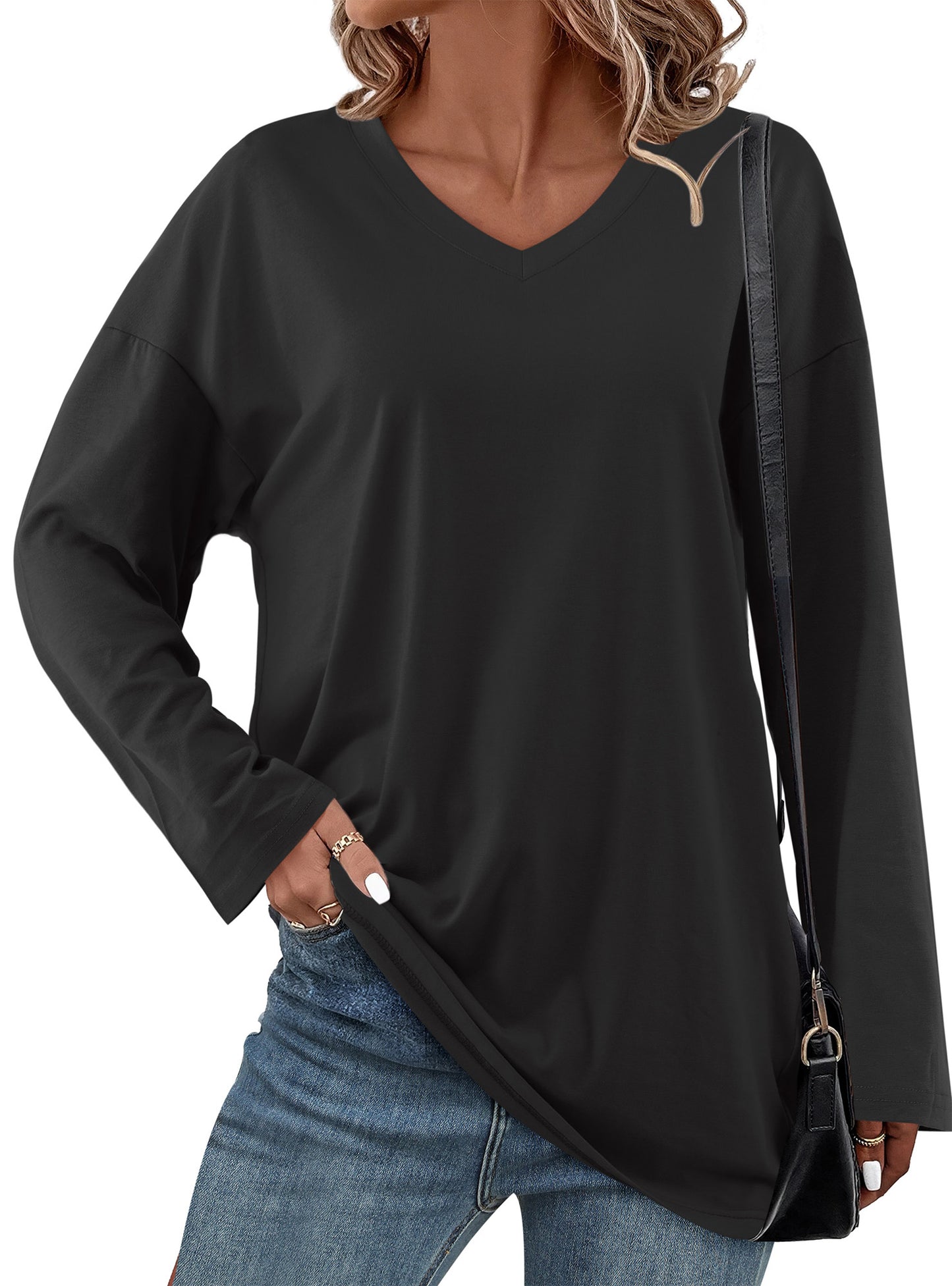 Oversized Tunic Tops for Women V Neck Long Sleeve Shirts Casual Loose Fit Fall Tops Pullover