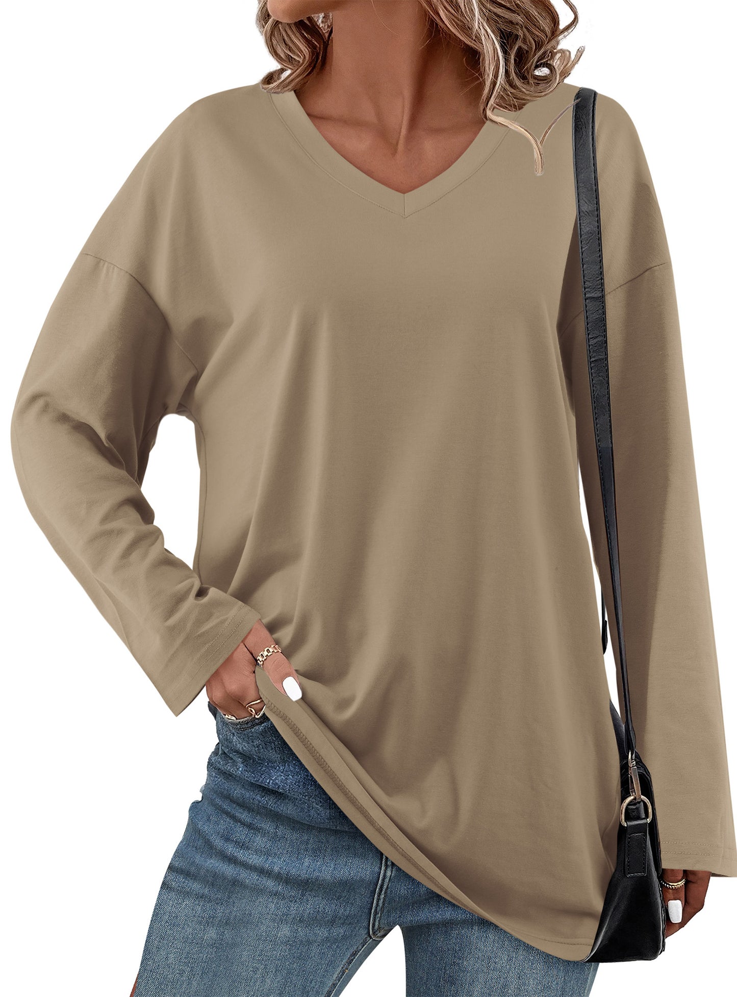 Oversized Tunic Tops for Women V Neck Long Sleeve Shirts Casual Loose Fit Fall Tops Pullover