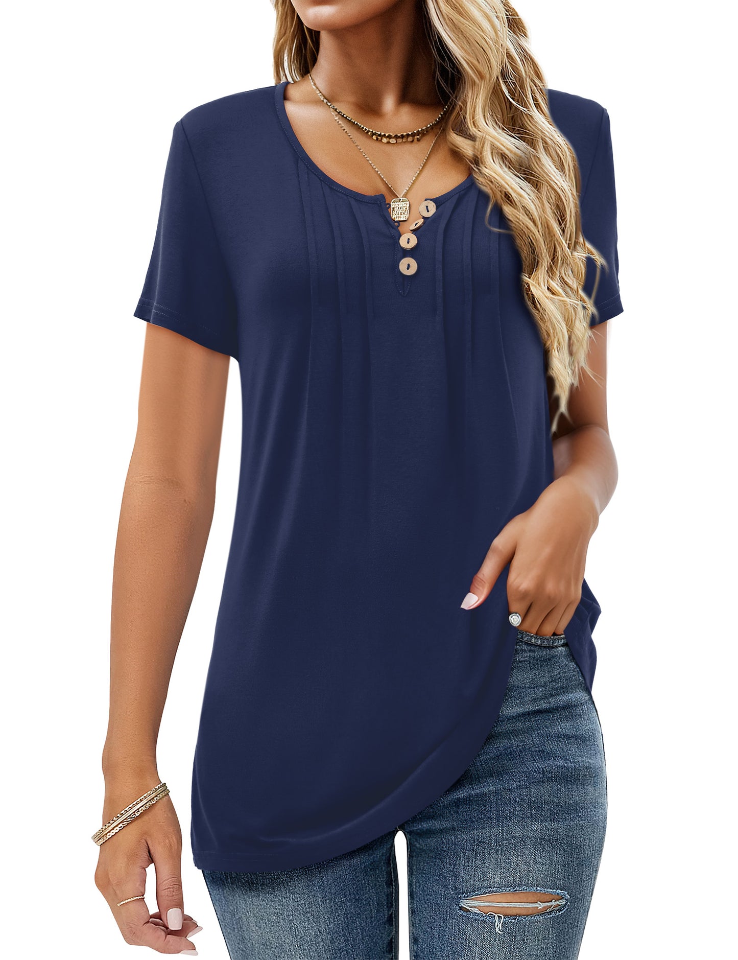 Short Sleeve Shirt Long V-Neck Casual Tunic Tops