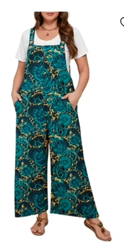 Women’s Plus Jumpsuits Summer Casual Wide Leg Overalls Floral Print Baggy Rompers with Pocket