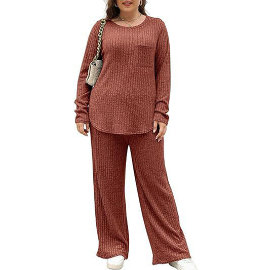 Plus Size Pajama Womens Loungewear Sets with Chest Pocket Crew Neck Long Sleeve Sweater Sleepwear