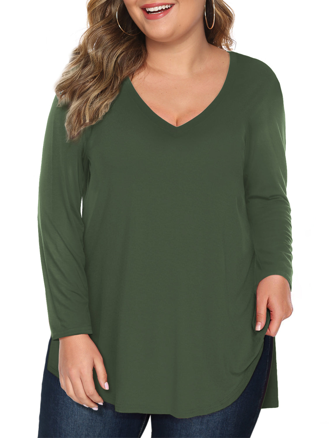 Women Plus Size Tshirts Long Sleeve V Neck High Low Tops