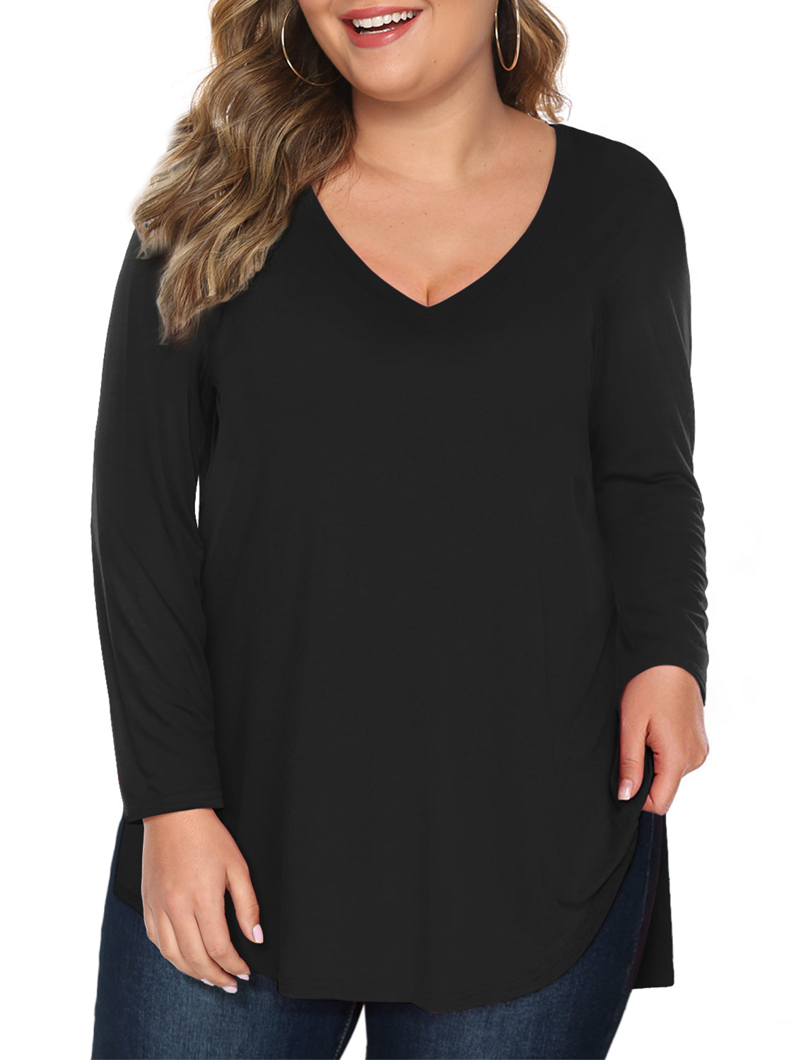Women Plus Size Tshirts Long Sleeve V Neck High Low Tops