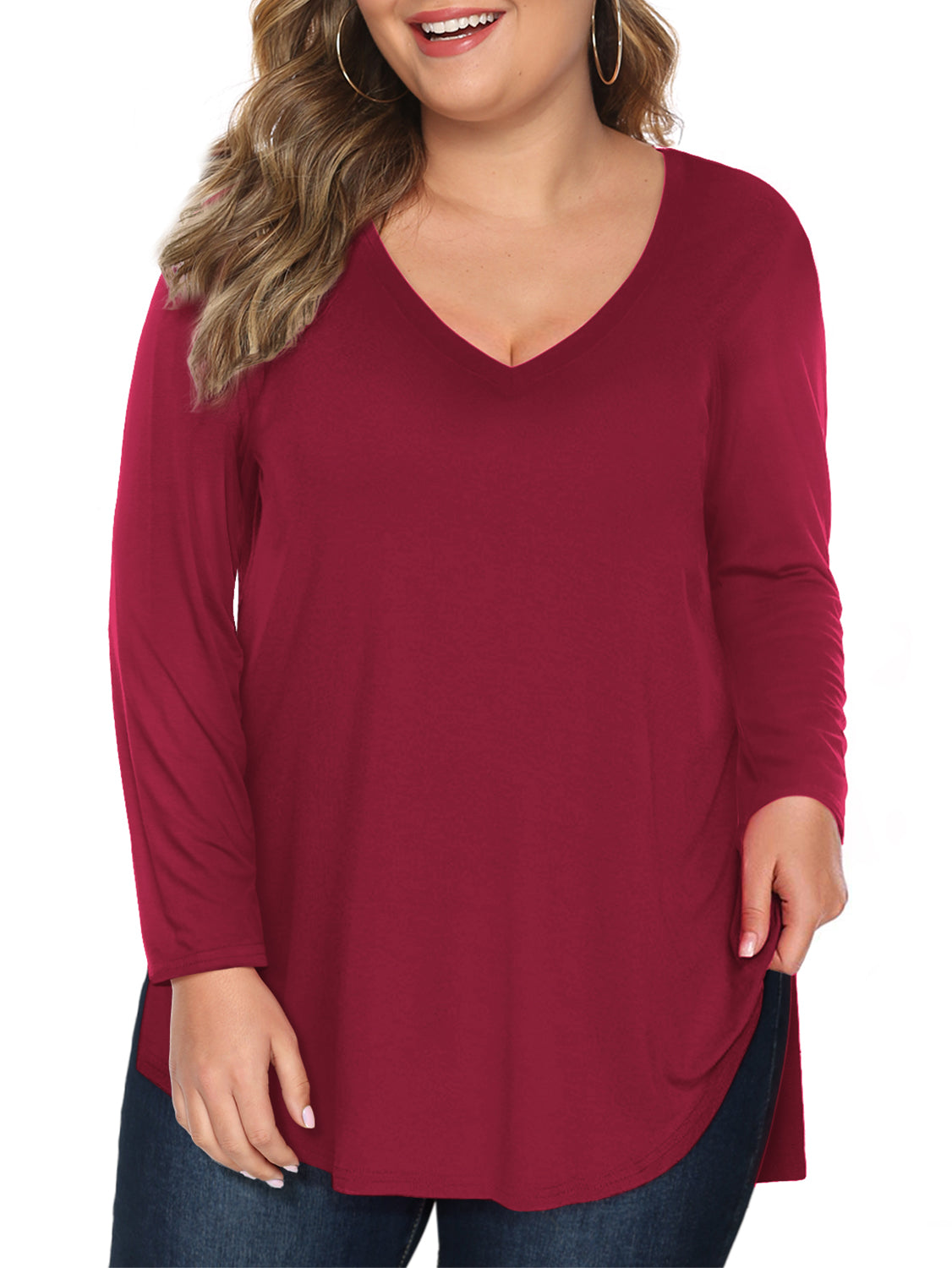 Women Plus Size Tshirts Long Sleeve V Neck High Low Tops