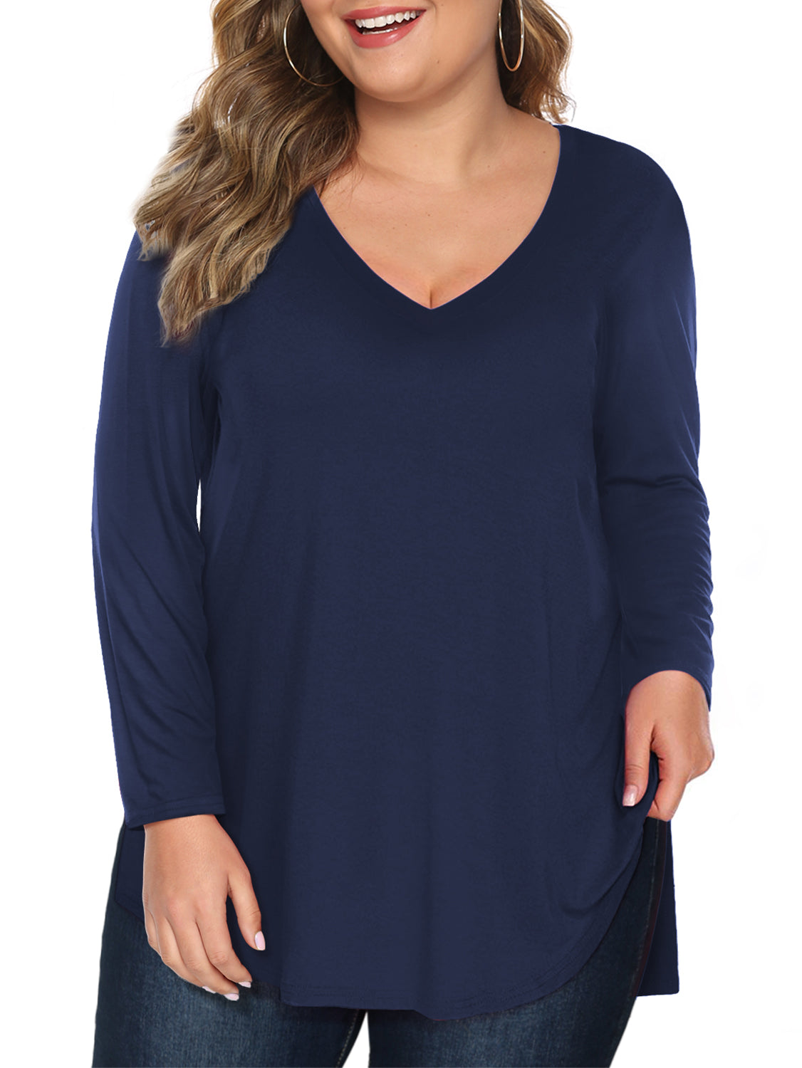 Women Plus Size Tshirts Long Sleeve V Neck High Low Tops