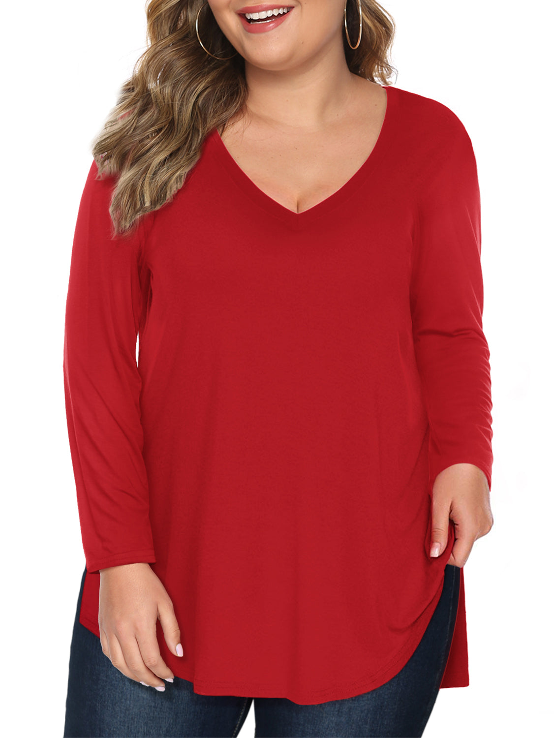 Women Plus Size Tshirts Long Sleeve V Neck High Low Tops