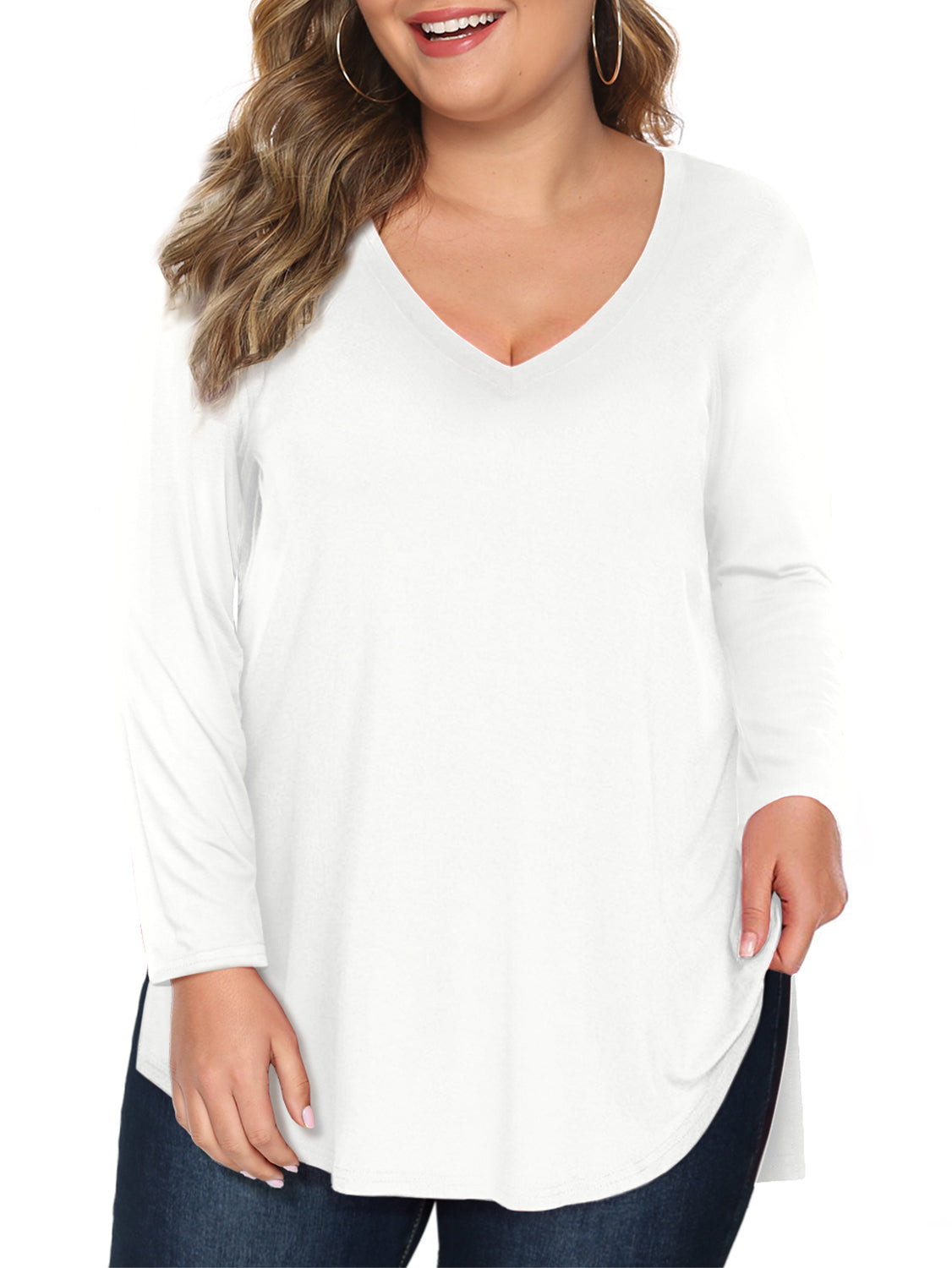 Women Plus Size Tshirts Long Sleeve V Neck High Low Tops