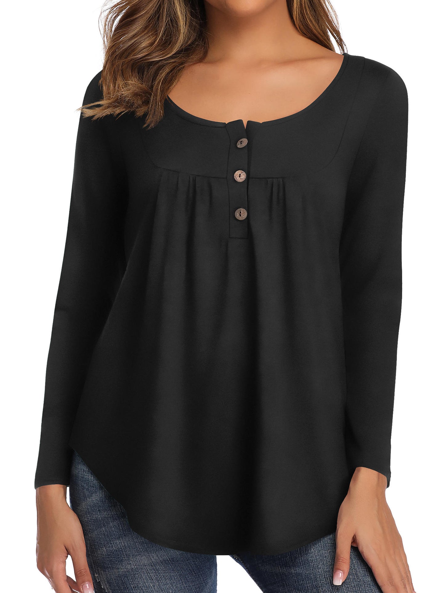 Fancyglim Women's Long Sleeve Henley Shirt Casual Button Up Tunic Tops