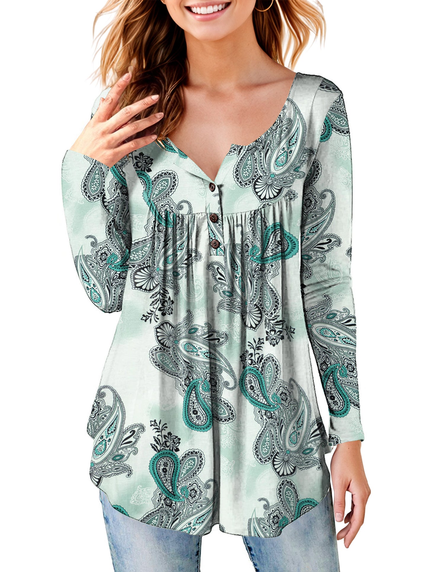 Women's Long Sleeve Henley Shirt Casual Button Up Tunic Tops