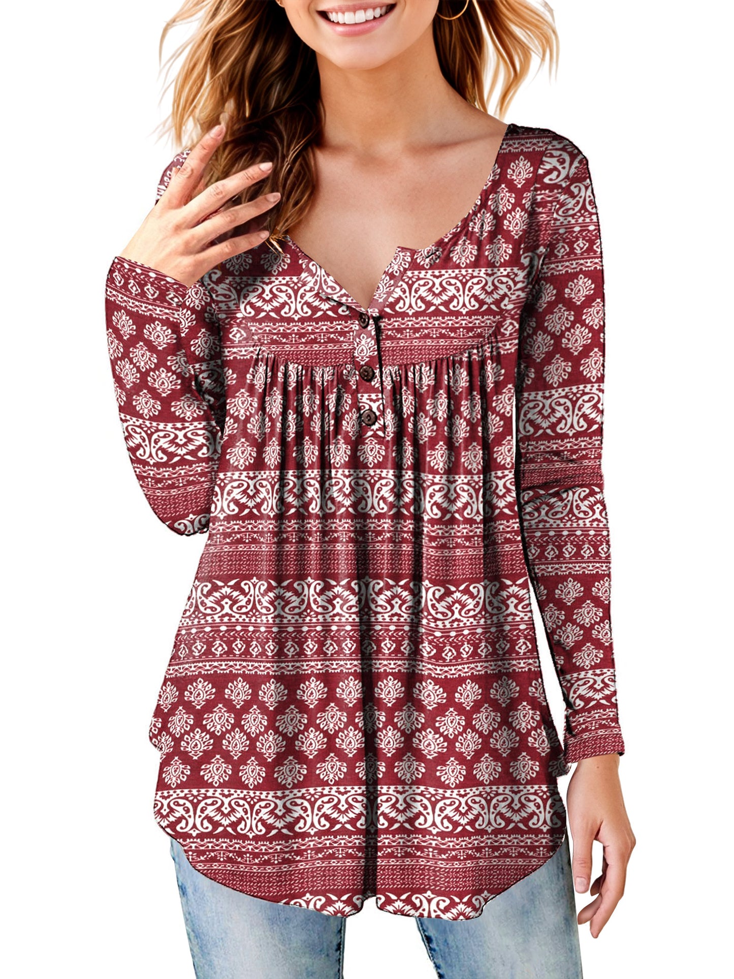 Women's Long Sleeve Henley Shirt Casual Button Up Tunic Tops