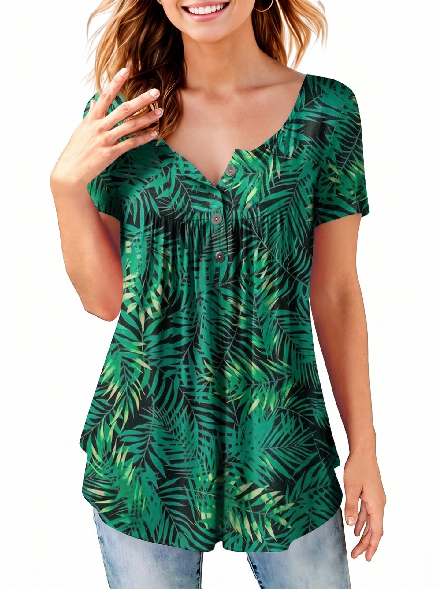 Women T Shirts Short Sleeve Round Neck Button Up Tunic Tops