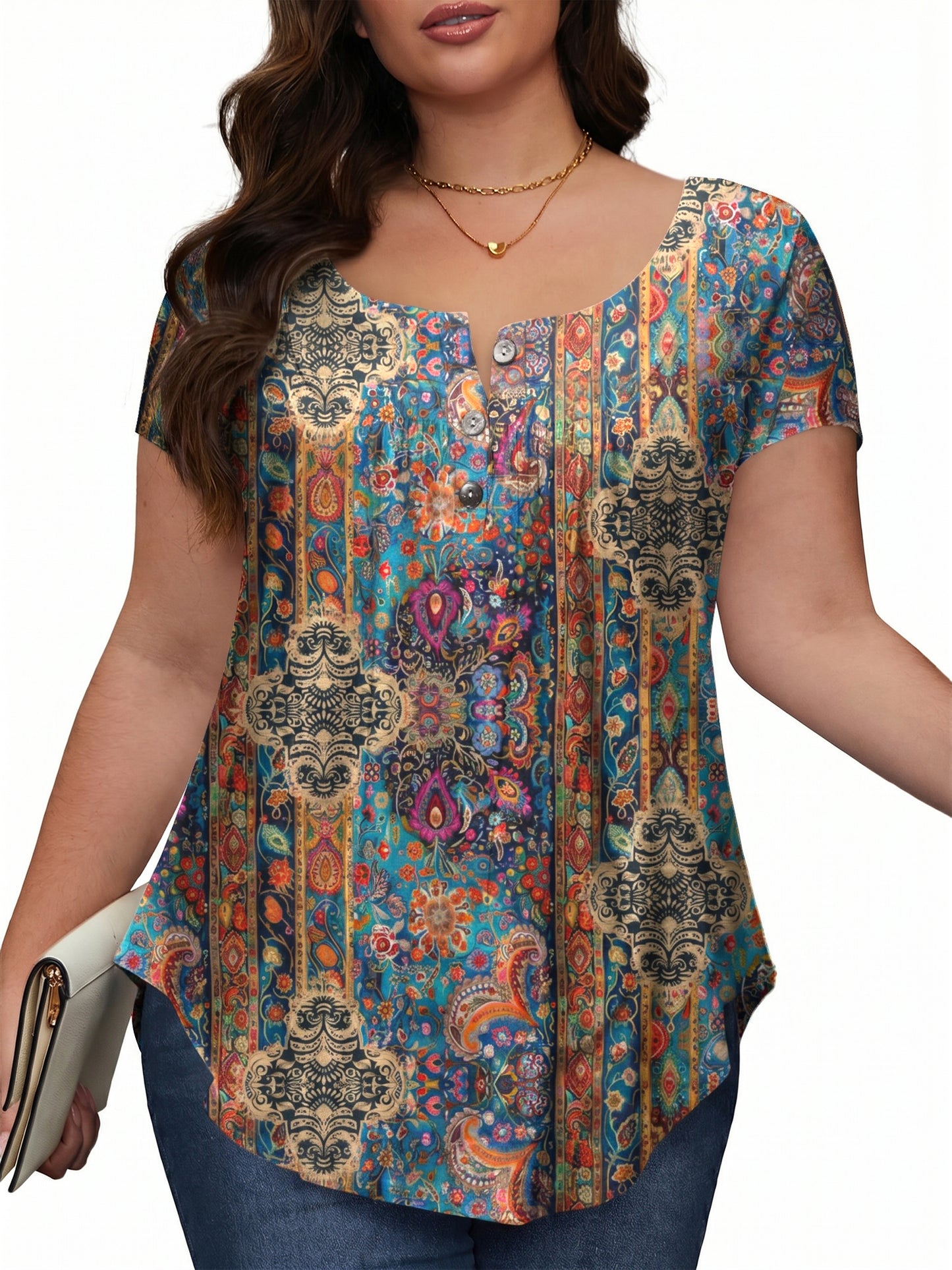 Women T Shirts Short Sleeve Round Neck Button Up Tunic Tops