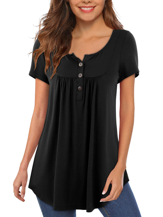 Women T Shirts Short Sleeve Round Neck Button Up Tunic Tops