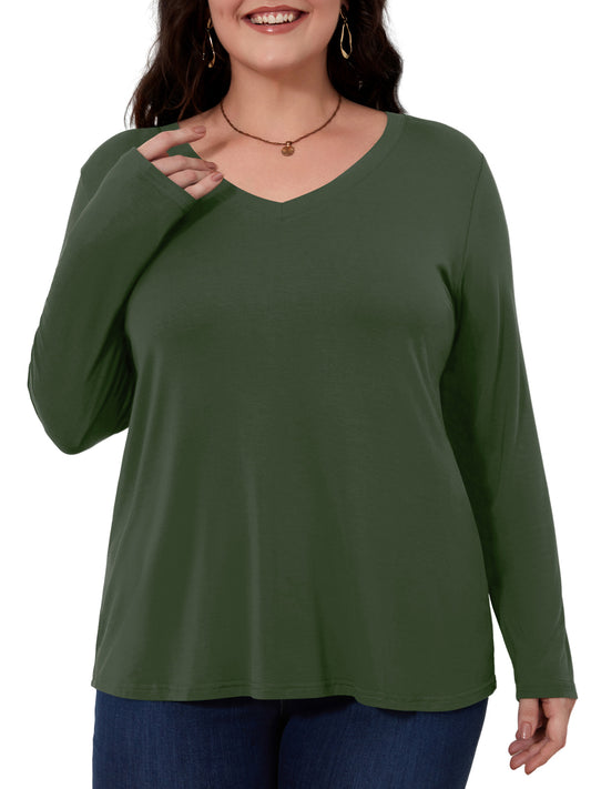 Fancyglim Womens Plus Size Long Sleeve Tops Basic V Neck T Shirts