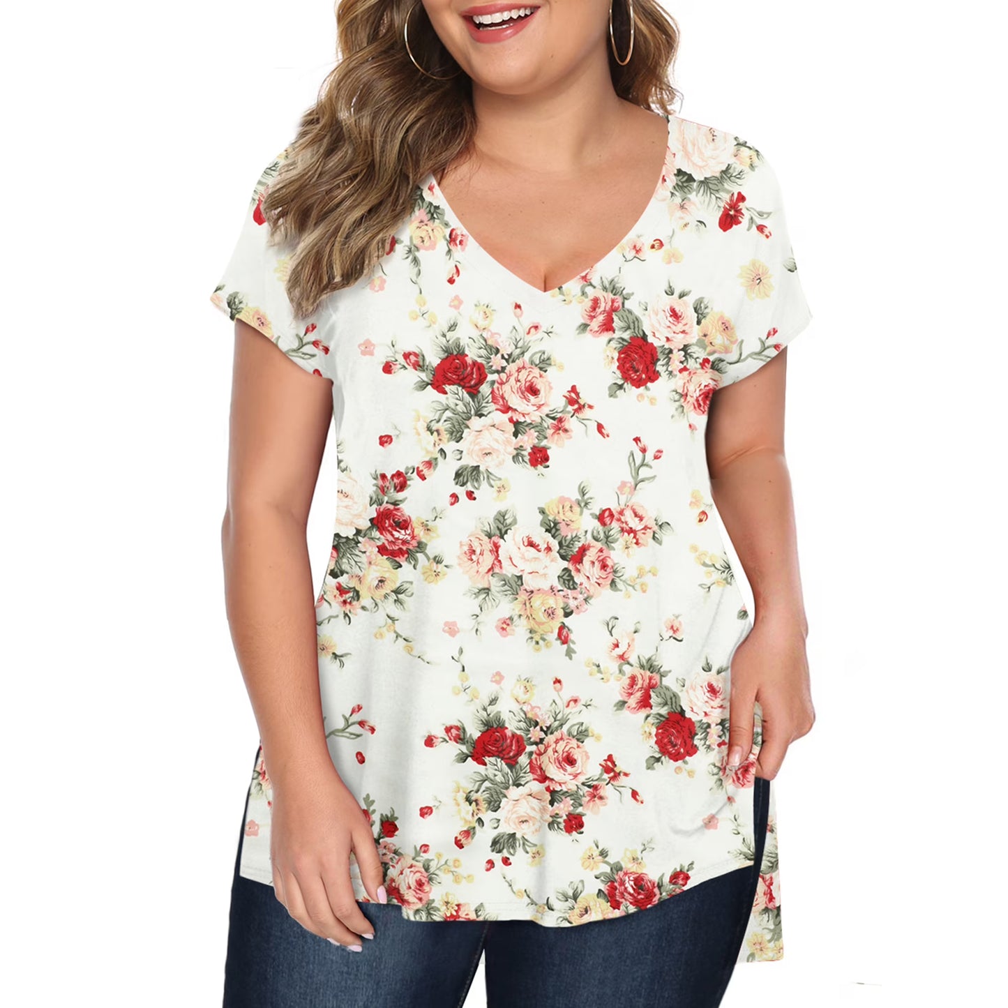 Fancyglim Womens Plus Size Tops V Neck Short Sleeve High Low Shirts 4319U1