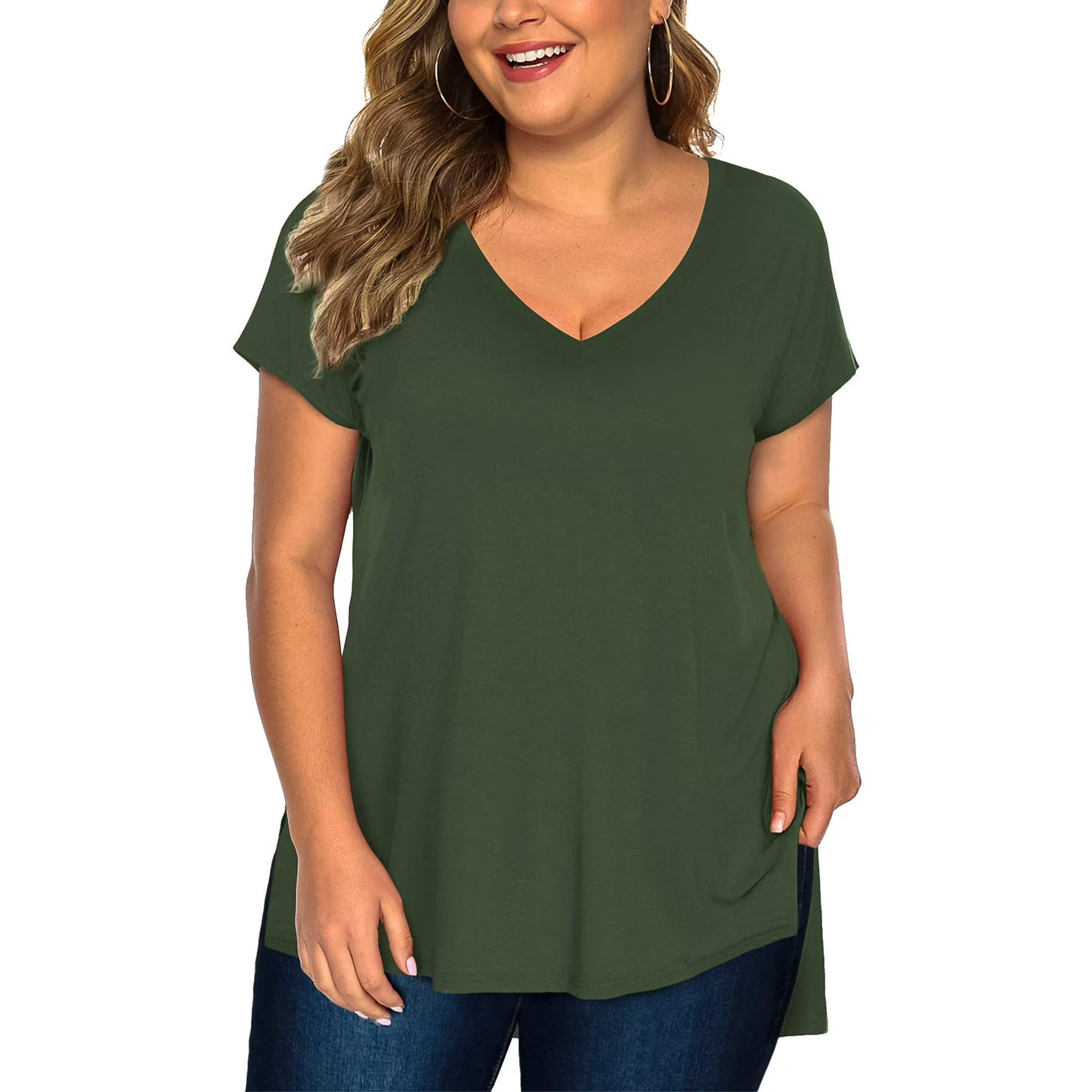 Fancyglim Womens Plus Size Tops V Neck Short Sleeve High Low Shirts 4319U1
