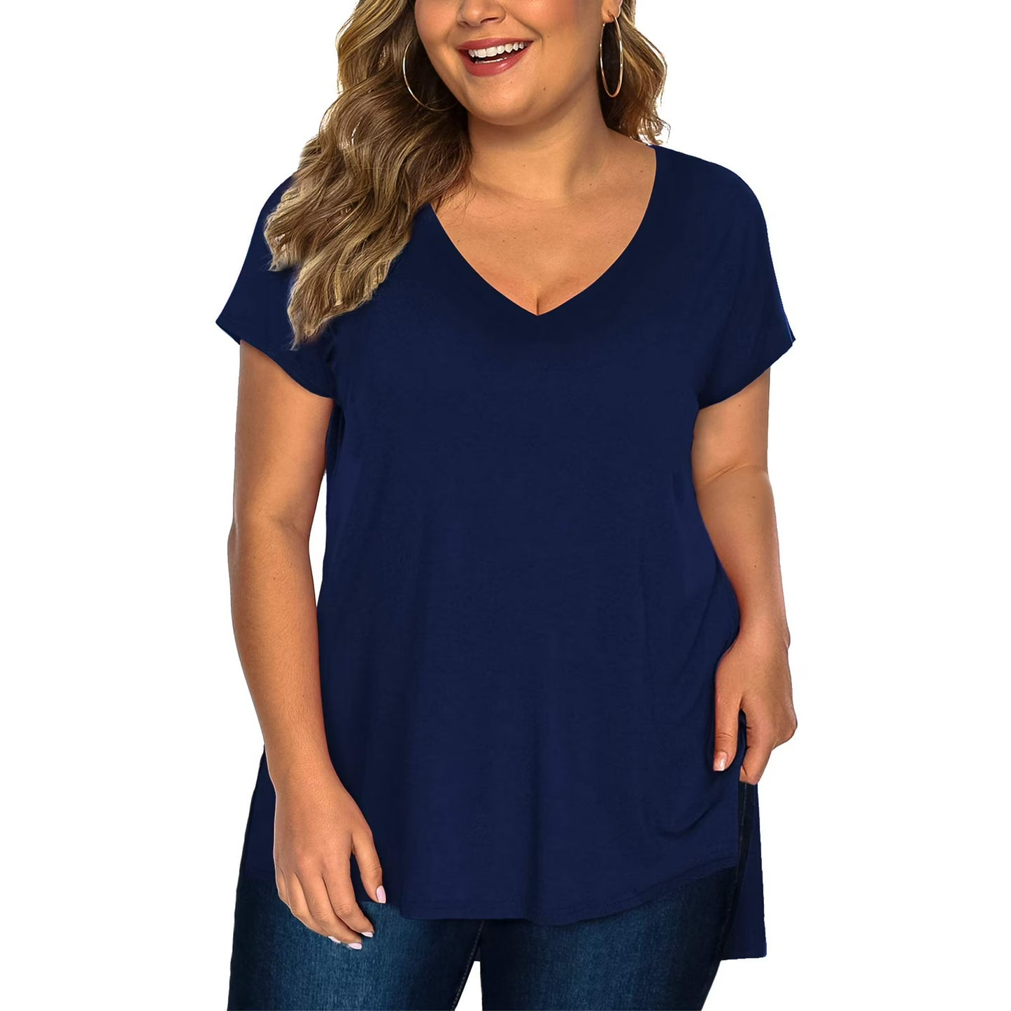 Fancyglim Womens Plus Size Tops V Neck Short Sleeve High Low Shirts 4319U1