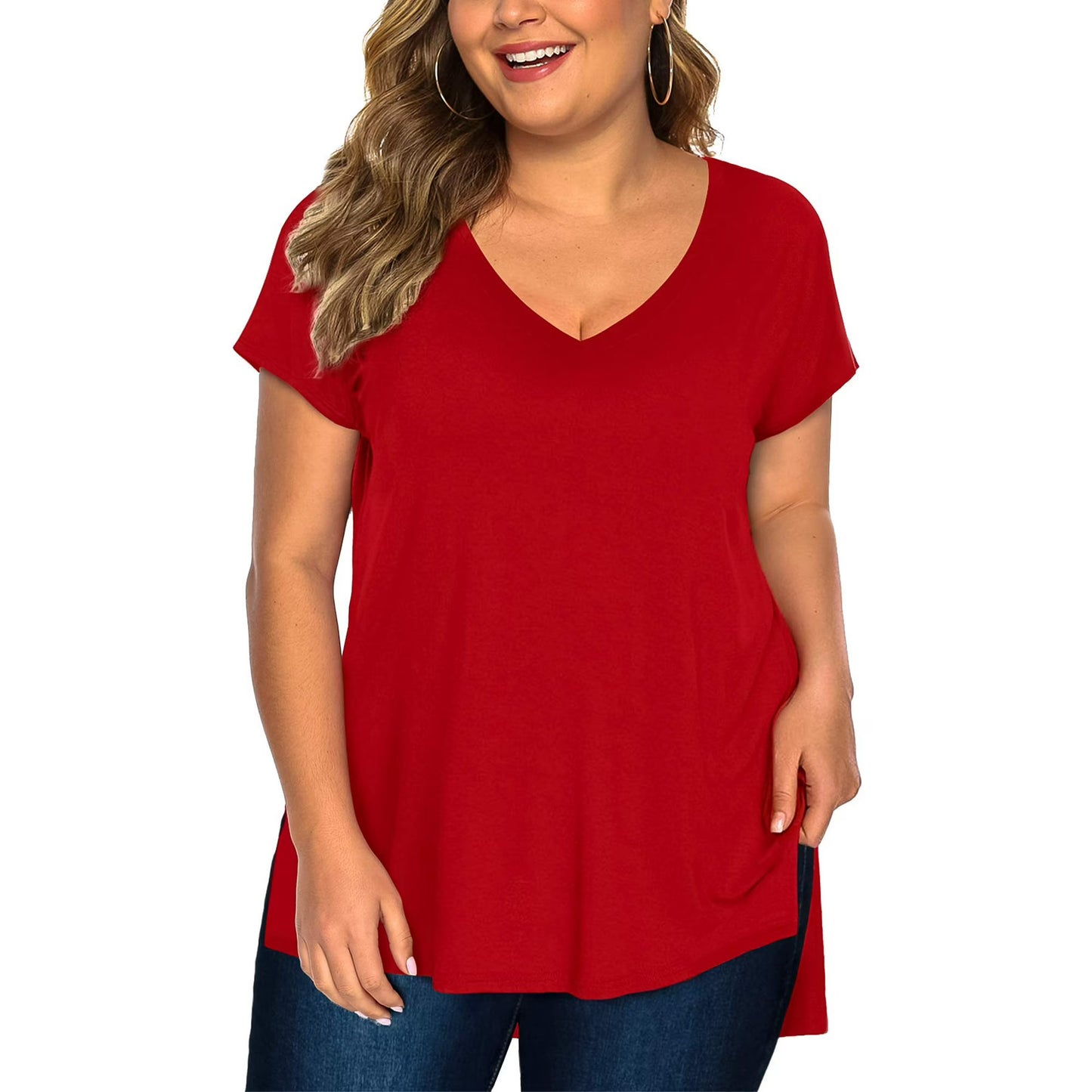 Fancyglim Womens Plus Size Tops V Neck Short Sleeve High Low Shirts 4319U1
