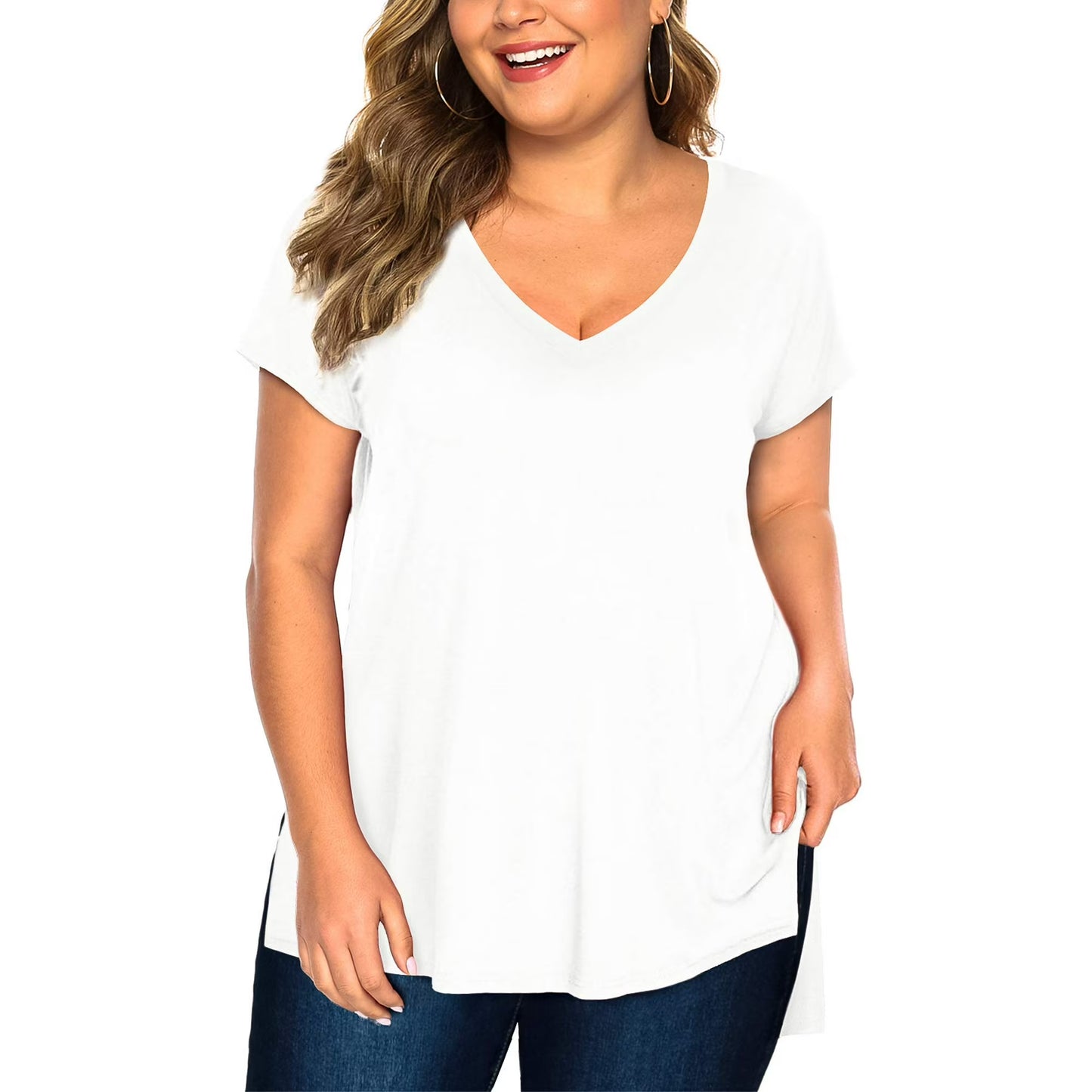 Fancyglim Womens Plus Size Tops V Neck Short Sleeve High Low Shirts 4319U1
